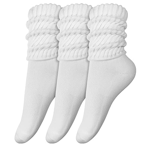 3-Pair Cotton Crew Slouch Socks Womens Scrunch Ribbed Soft Retro Boot Calf Sock - One Size - White