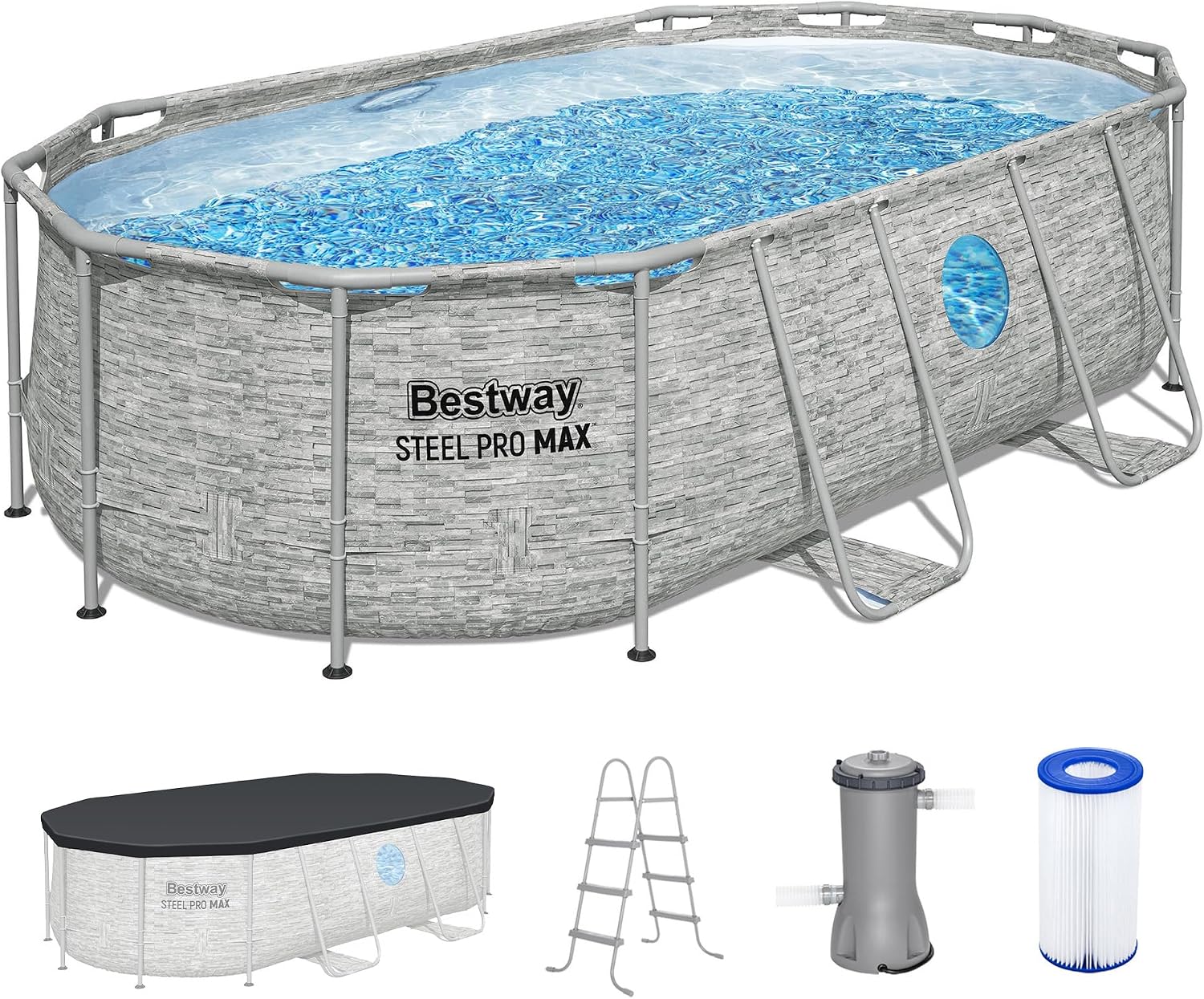 Bestway Steel Pro MAX Splashview 14-Foot by 8-Foot-2-Inch by 39.5-Inch Oval Pool Set