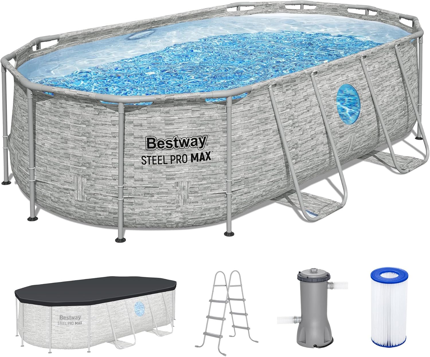 Bestway Power Steel Swim Vista 14' x 8'2" x 39.5" Oval Above Ground Pool Set - Durable Frame, Filter Pump, Ladder & Cover Included
