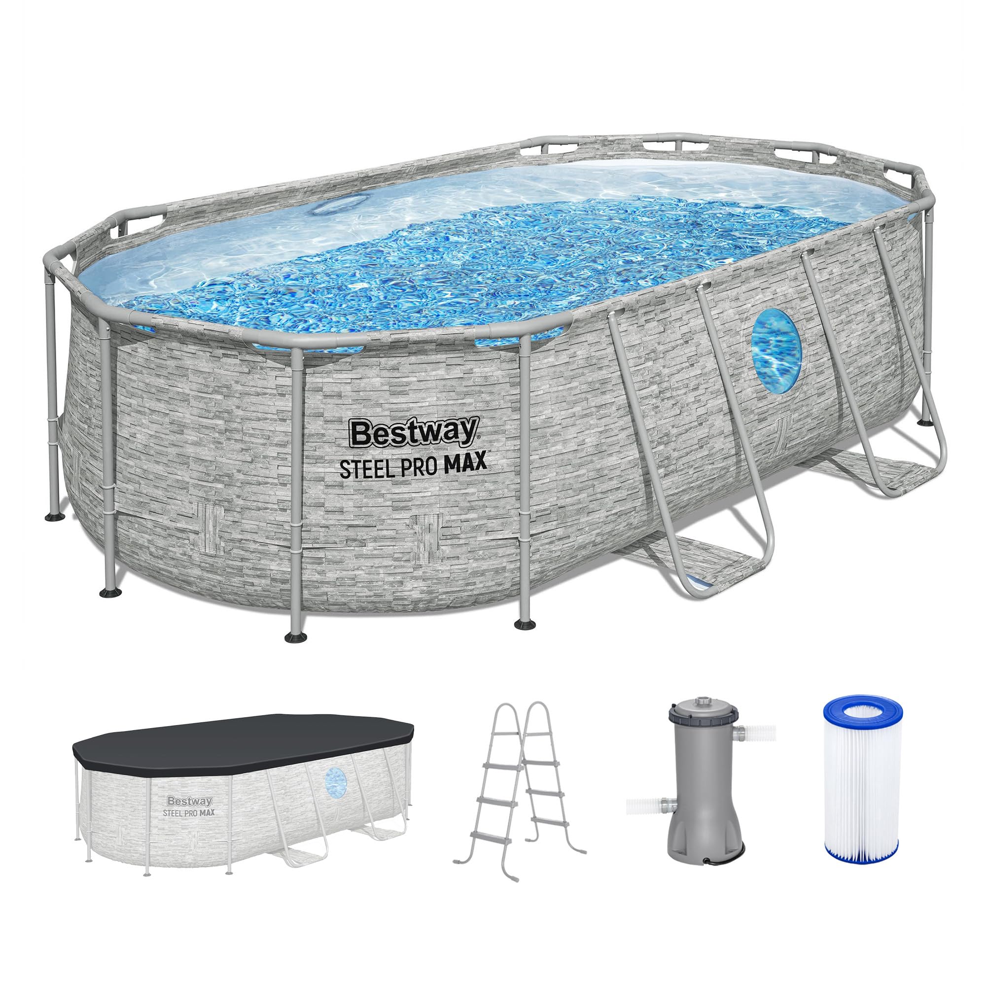 Bestway Power Steel Swim Vista 14’ x 8'2" x 39.5” Above Ground Pool, Oval Metal Frame Outdoor Swimming Pool Set with Filter Pump, Ladder, and Cover