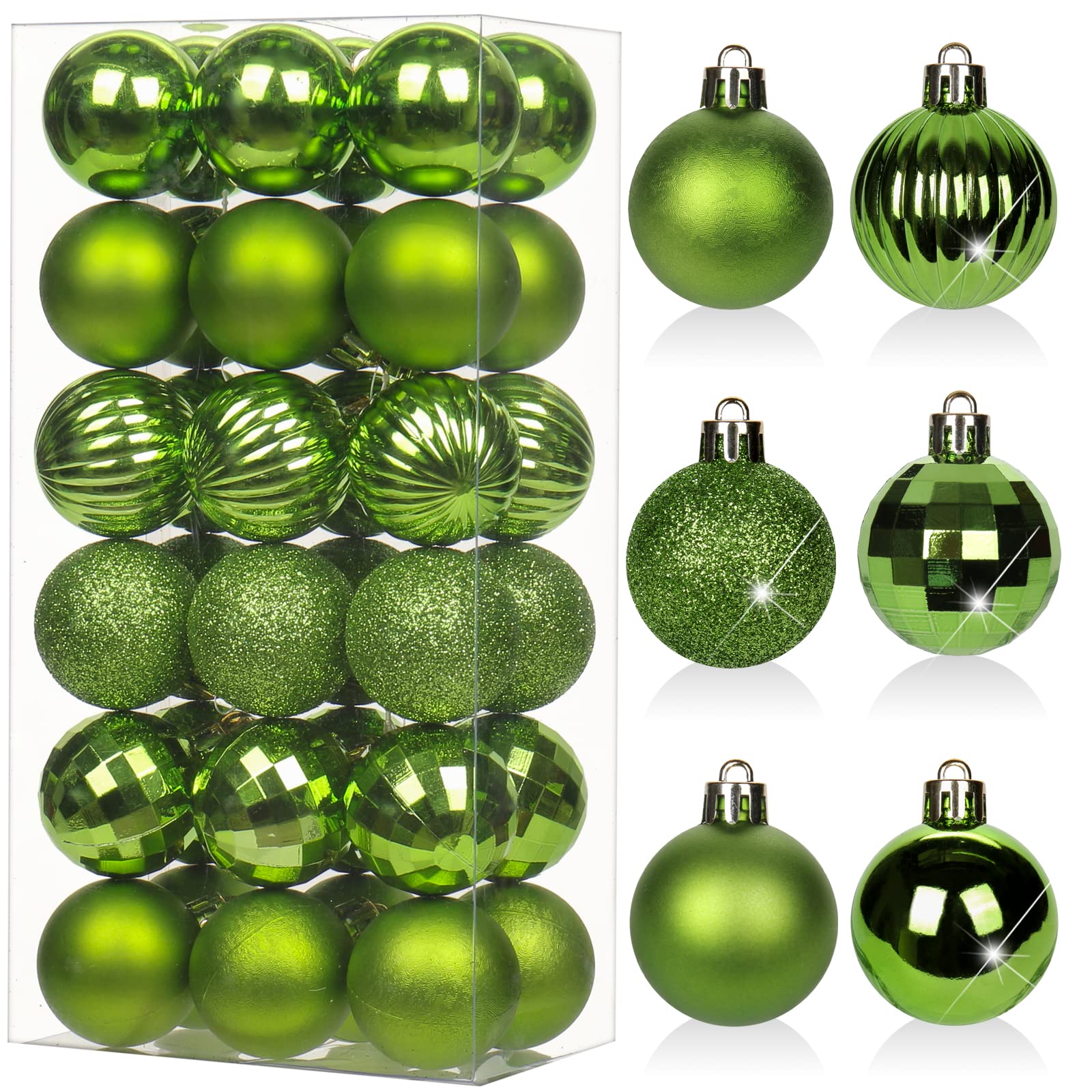 Oairse 36 pcs 4cm Green Christmas Baubles Mini Shatterproof Tree Ornaments with Hanging Strings, Small Christmas Tree Decorations Set for Wedding Holiday Party Wreath Xmas Halloween Home Decor
