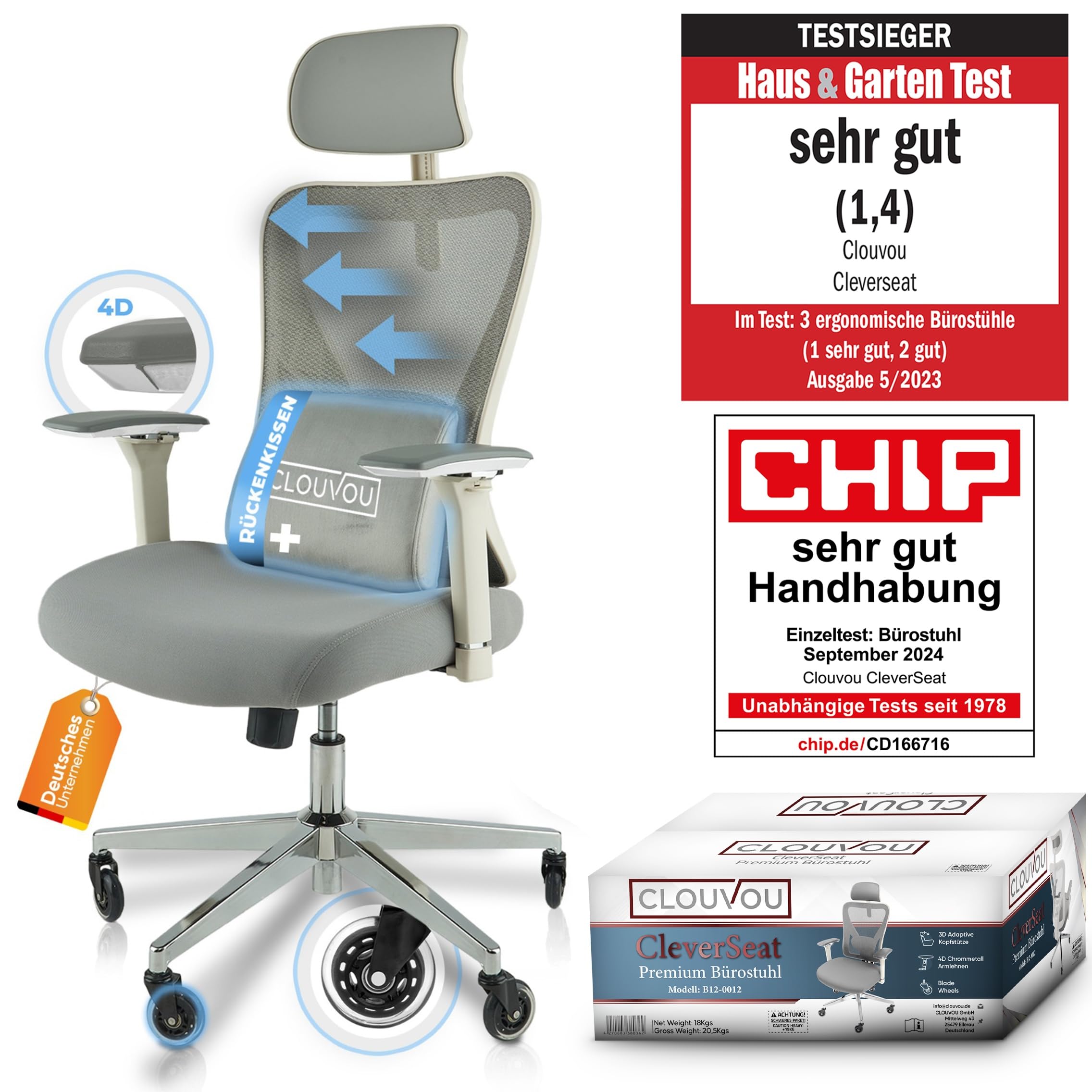 CLOUVOU CleverSeat Bürostuhl Ergonomisch [TESTSIEGER] | Drehstuhl 150kg Schreibtischstuhl | Büro Stuhl & Gaming Stuhl | Home Office Chair Ergonomic | Atmungsaktiver Computerstuhl