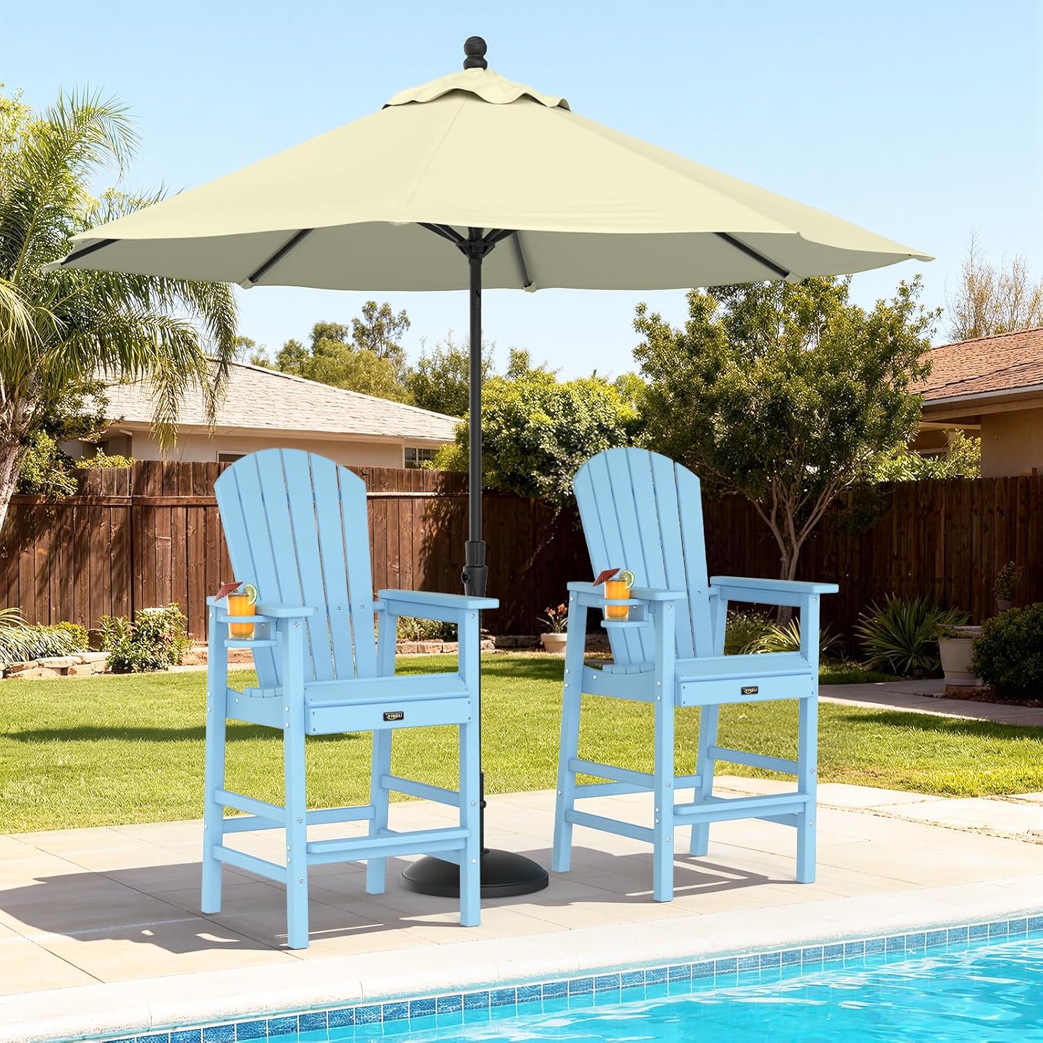 VINGLI Tall Adirondack Chairs Set of 2, All-Weather Plastic Adirondack Chair with Cup Holders, Heavy-Duty HDPE Outdoor Bar Stools for Patio, Balcony, Pool, Backyard (Blue, 2 PCS)