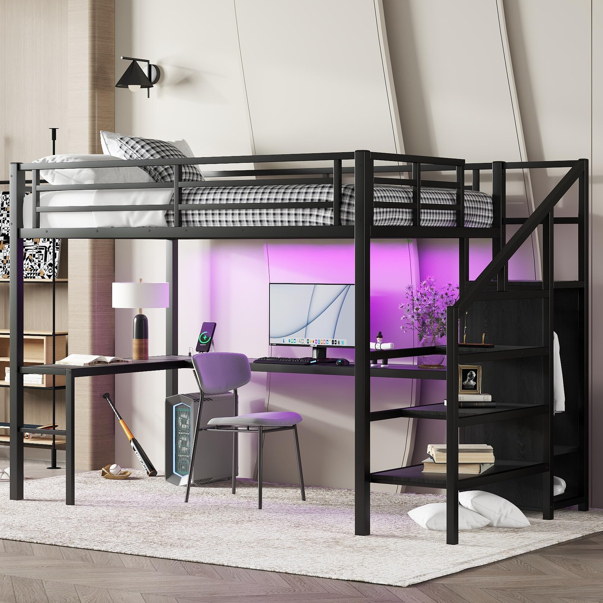 Full Size Metal Loft Bed with Desk and Wardrobe,Heavy Duty Loft Bed Frame with Storage Stairs,LED Lights and Charging Station for Kids,Teens,Adults,Space Saving,Full Size,Black