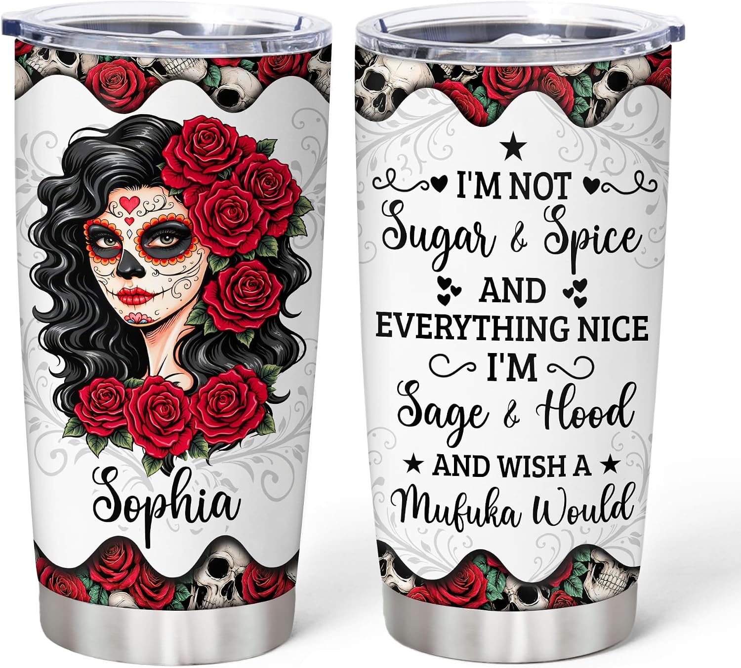 Hyturtle Personalized Wish A Mufuka Would 20oz Stainless Steel Tumbler, Sugar Skull Women Rose Flower Tumbler Gifts for Women on Birthday, Thanksgiving, Christmas