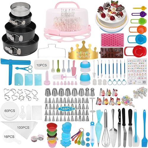 Kit de decoración de pasteles, 748 piezas de suministros de decoración de pasteles con 3 moldes de forma desmontable, portador de tartas, forros