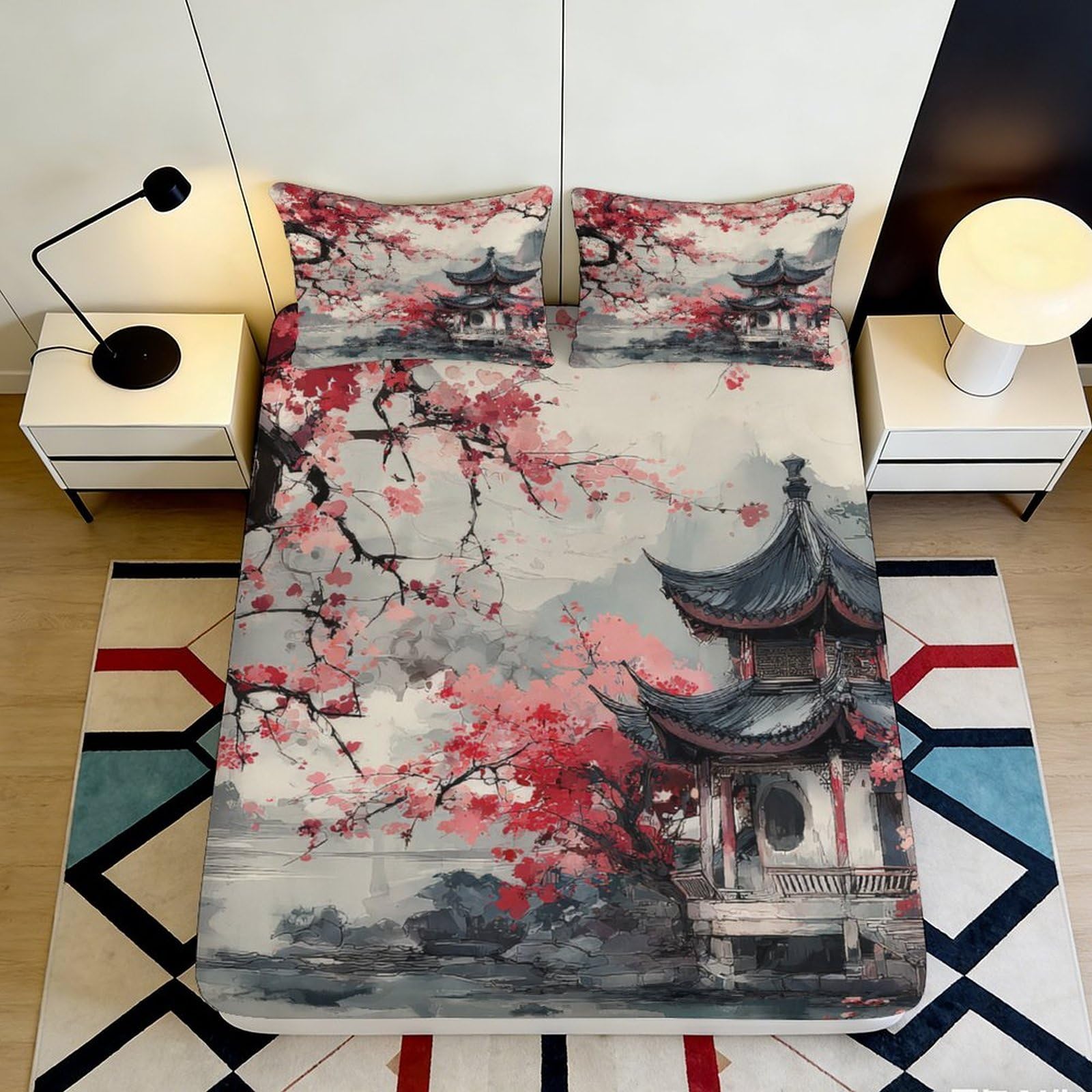 3D Printed Sakura Blossom Fitted Sheet Microfiber Soft Breathable Japanese Pagoda Bed Cover for Bedroom Dormitory Guest Room Mattress Protection 120x200x25cm