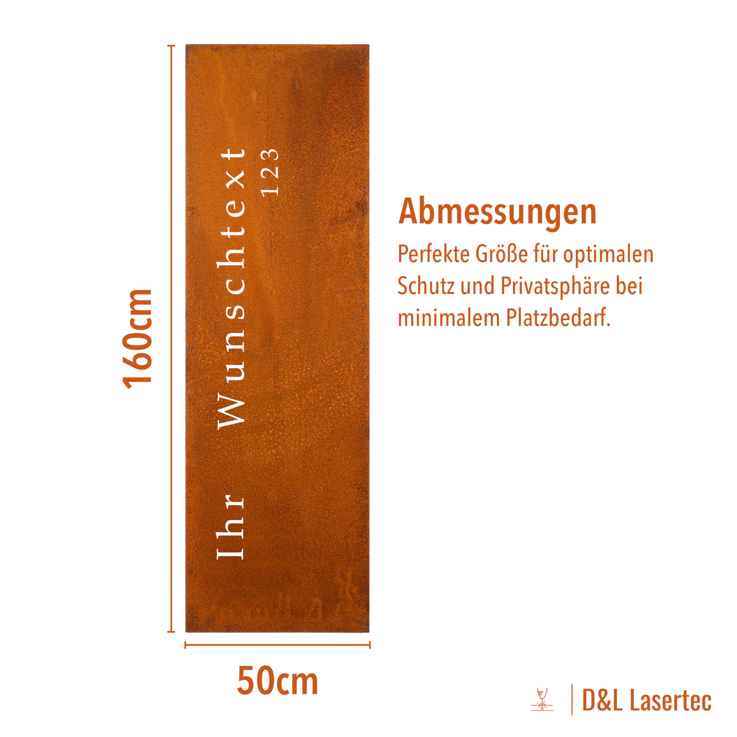 D&L Lasertec Edelrost Garten Sichtschutz personalisiert mit Wunschtext, Wand, Rost, Sichtschutzwand Metall 160x50 cm, Geschenkidee