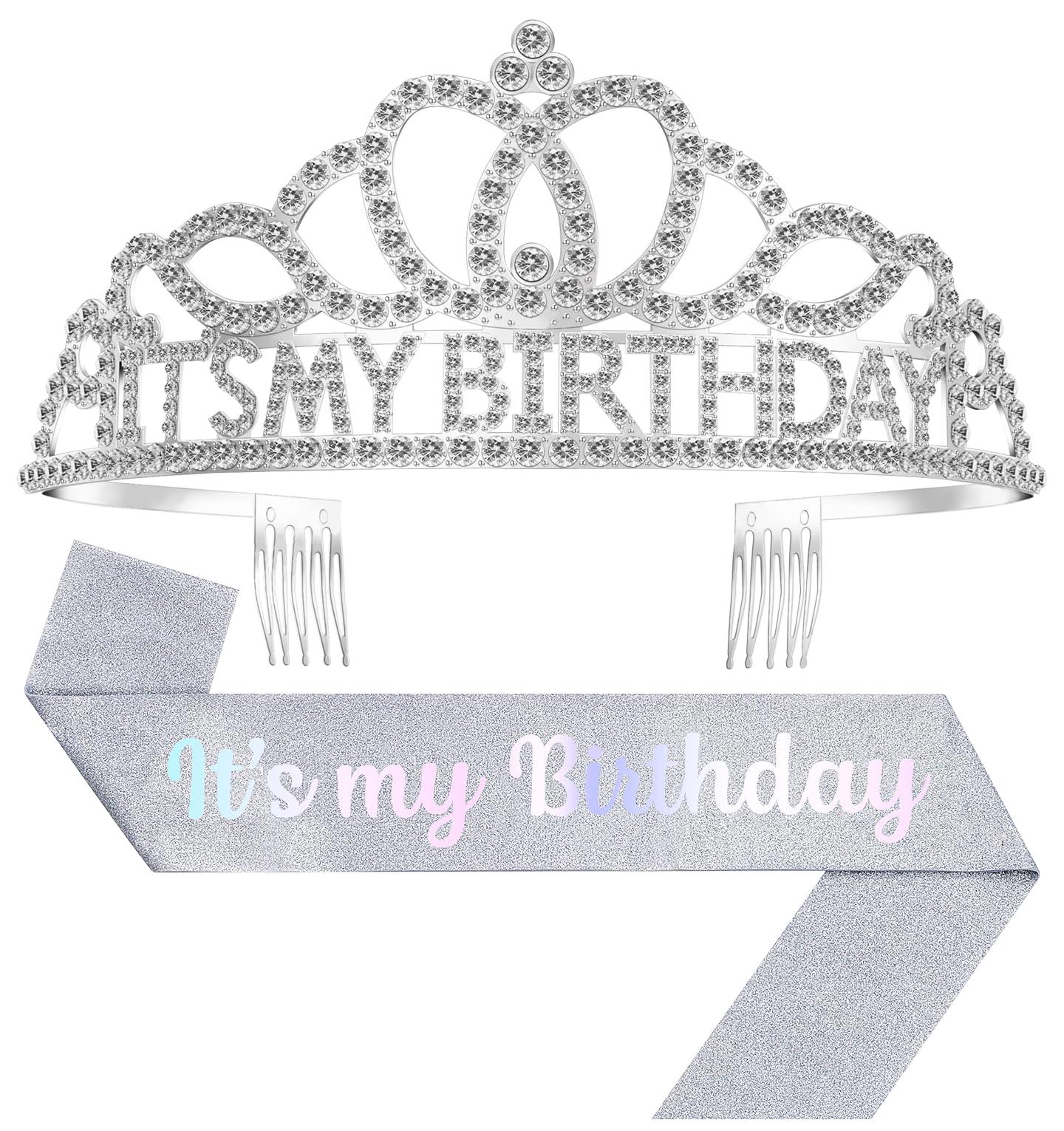 Papoopy Birthday Tiara and Crown with Sash, Birthday Tiara for Women Party Silver