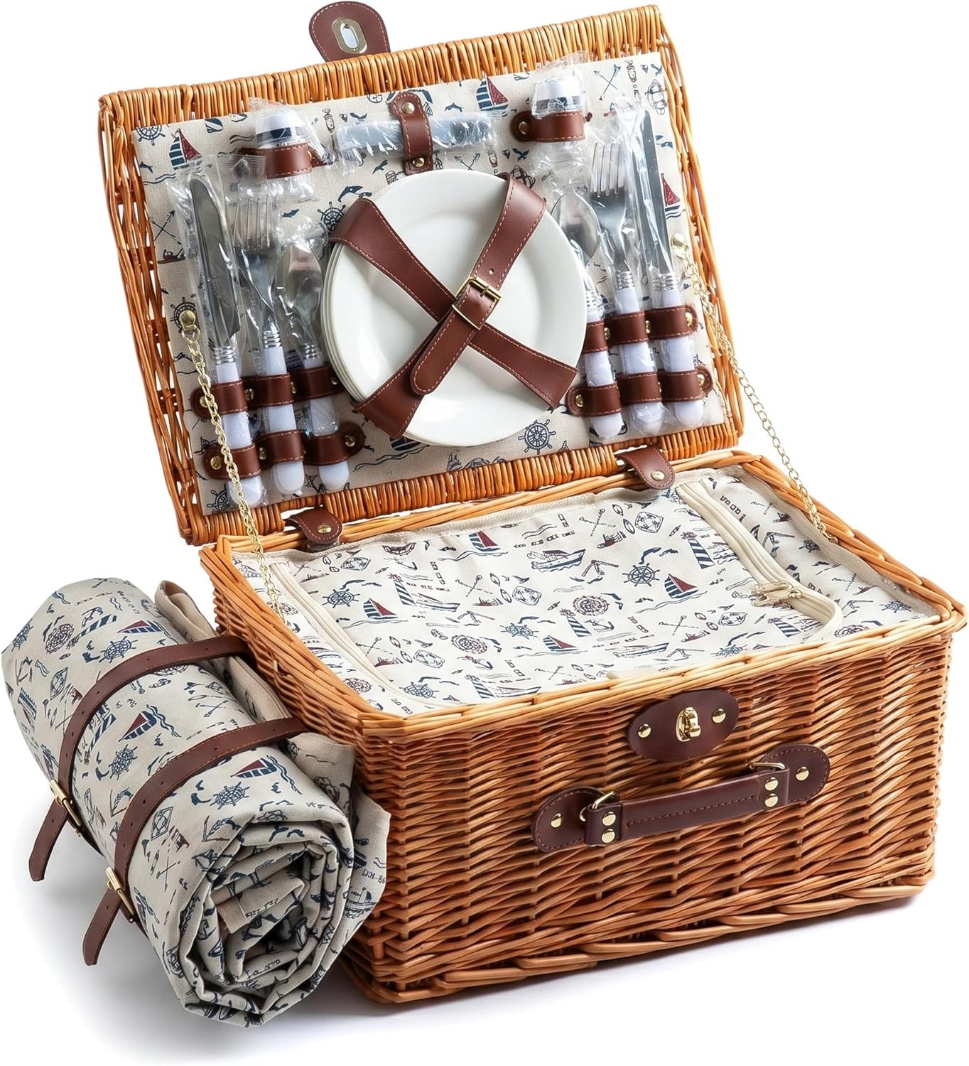 Picnic Basket with Blanket 2-Person Wicker Picnic Set Insulated Cooler Bag for Outdoor Picnic Camping Garden