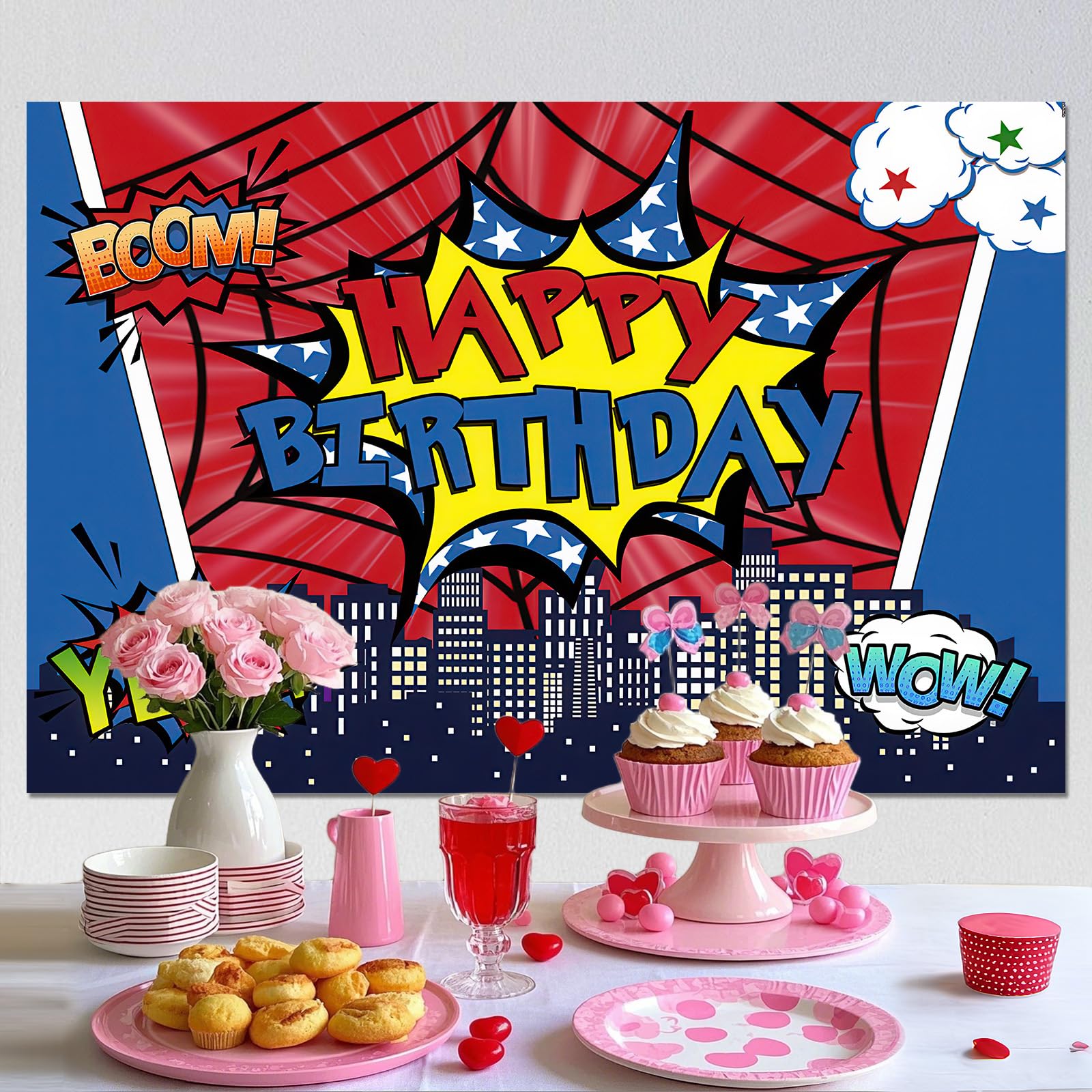 SAVITA Sfondo Ragnatela Per Compleanno 180x120cm – Preforato E Lavabile, Decorazione A Tema Con Città E Ragnatele - 3