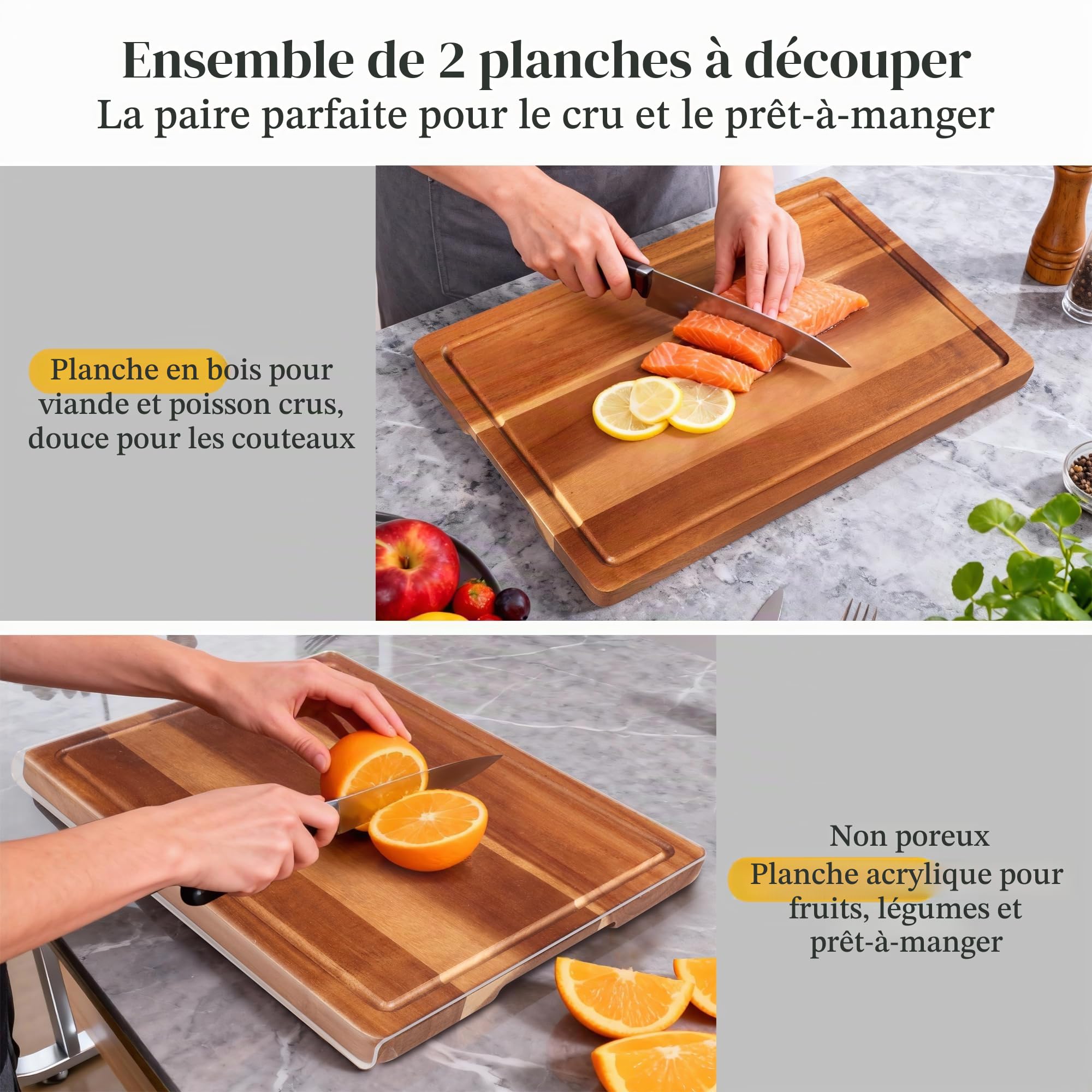 WILLKOMMEN Planche a Decouper Bois,2PCS Acacia Planche à Couper en Bois D'Acacia Pour La Cuisine Et L'Ensemble de Plaques de LéGumes Acryliques,Planche a Decouper Bois Massif Durable
