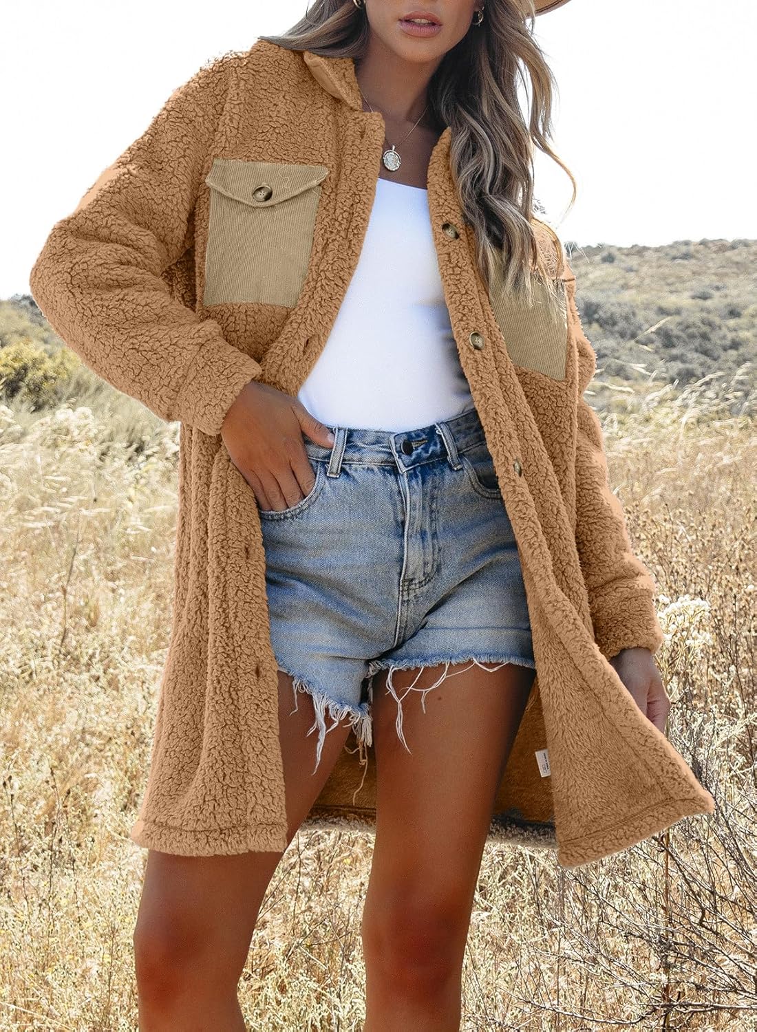 EVALESS Fuzzy Fleece Jackets for Women Fashion Long Sleeve Lapel Button Down Long Teddy Coat Faux Fur Warm Winter Outwear - Image 3