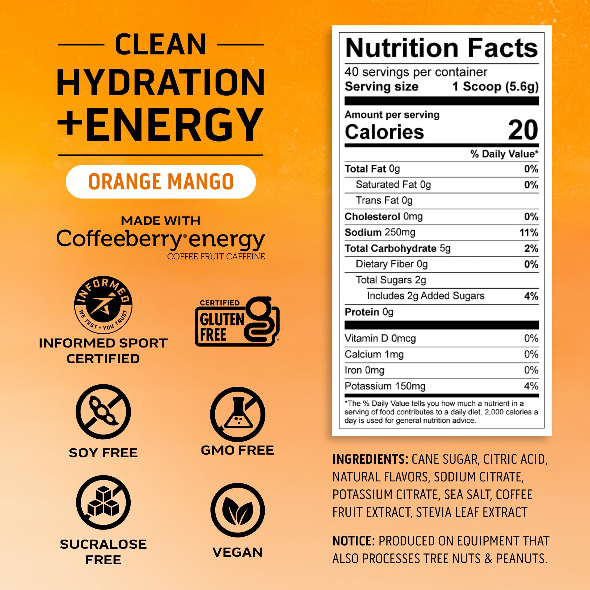 Ascent Clean Hydration + Energy Electrolytes Powder - 100mg Caffeine, 400mg Electrolytes, No Artificial Ingredients, Orange Mango 40 Servings — Amazon image 3
