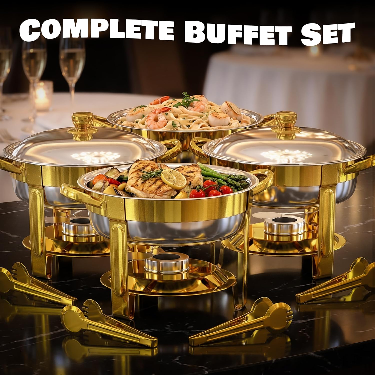 Chafing Dishes for Buffet Set,4 Pack 6QT, No Assemble Stainless Steel Food Warmers for Catering, Parties & Events, Gold Colors Chafing Dish Buffet Set