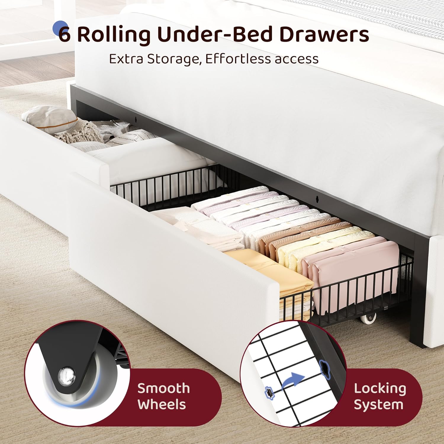 BRELTAM Queen Size Bed Frame with 6 Storage Drawers, Linen Upholstered Platform Bed with Charging Station,2-Tier Wave-Shaped Headboard Design,No Box Spring Needed,Easy Assembly,White