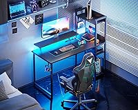 Vista 11 de ODK Escritorio reversible para juegos de 55 pulgadas con puerto de carga USB y luces LED, escritorio para computadora con estantes de almacenamiento