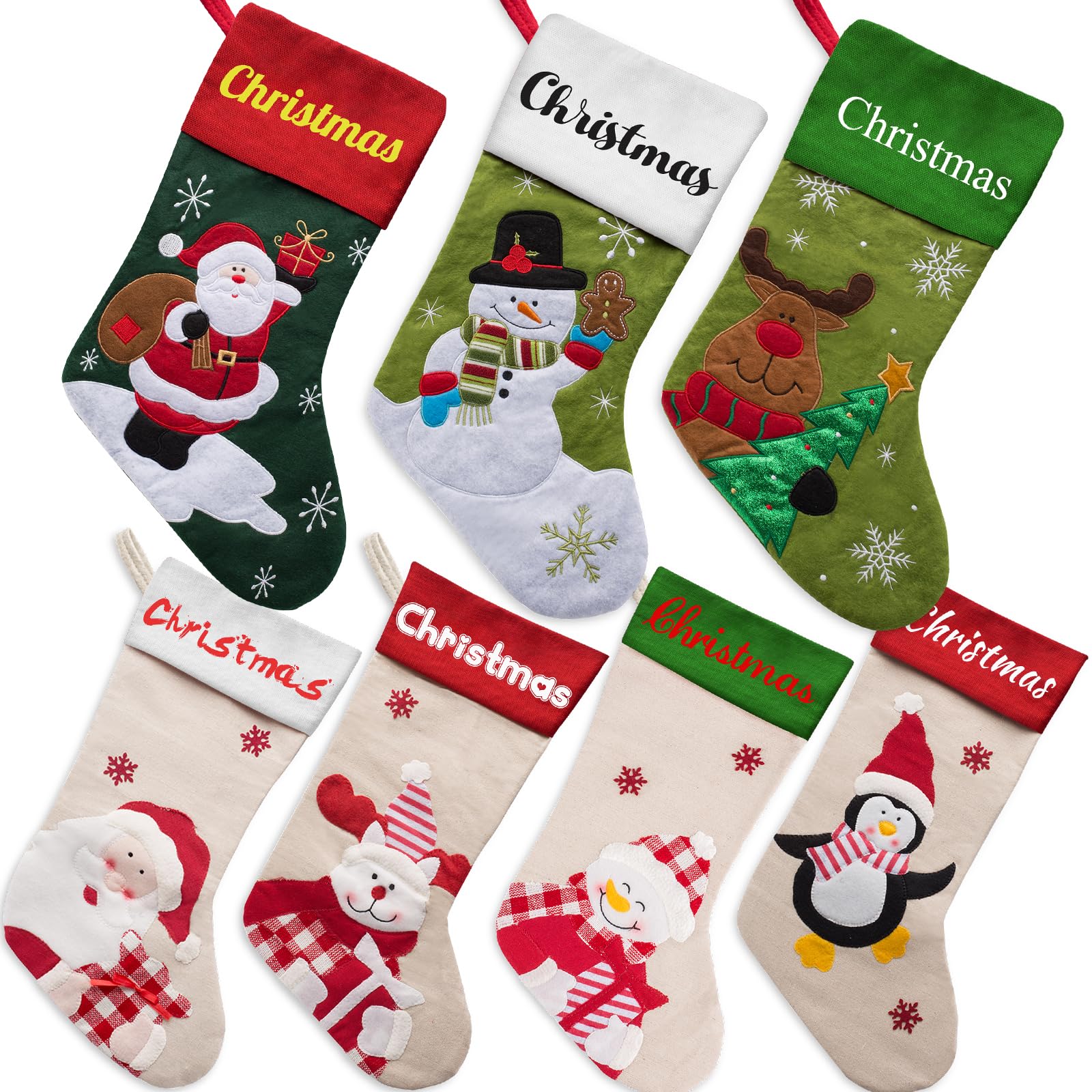 YAEILOV Up to 7Pcs Personalized Christmas Stockings Custom Name Cartoon Santa Snowman Deer Stocking Customized Xmas Holiday New Year Decoration for Family Kids Adults