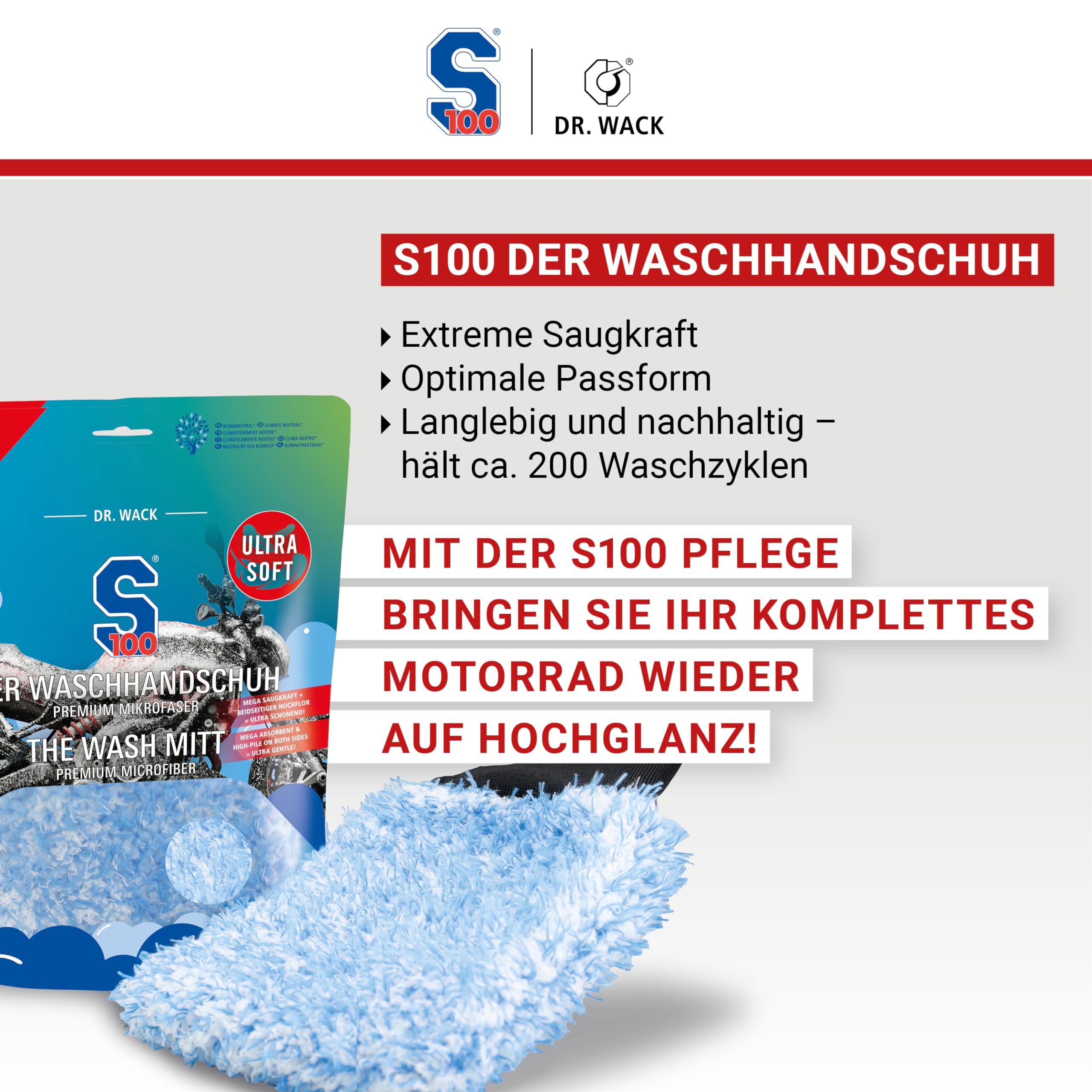 DR. WACK Gant Microfibre Moto S100 - Absorption 500ml, Nettoyage Doux Sans Rayures - 200 Lavages