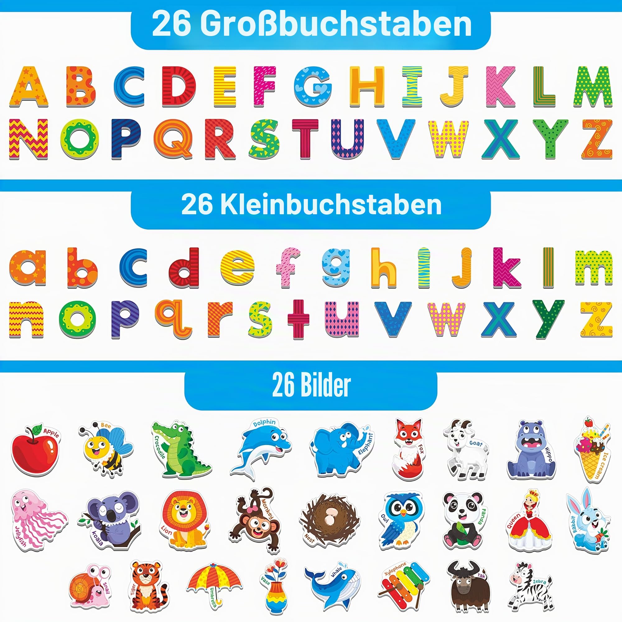 78 magnetisches Alphabet, 26 Großbuchstaben, 26 Kleinbuchstaben und 26 Objektmuster, entzückendes Tieralphabet ABC-Kühlschrankmagnete Lernspielzeug für Kleinkinder im Alter von 3 4 5 Jahren