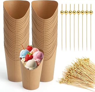DAWRIS 50 Vasos De Papel De Estraza de 12 oz con 200 Palitos Brochetas de Madera, Cajas Para Papas Fritas De Papel Kraft, Vasos De CartóN Para Alimentos para Waffles, Palomitas de Maíz, Para Fiestas