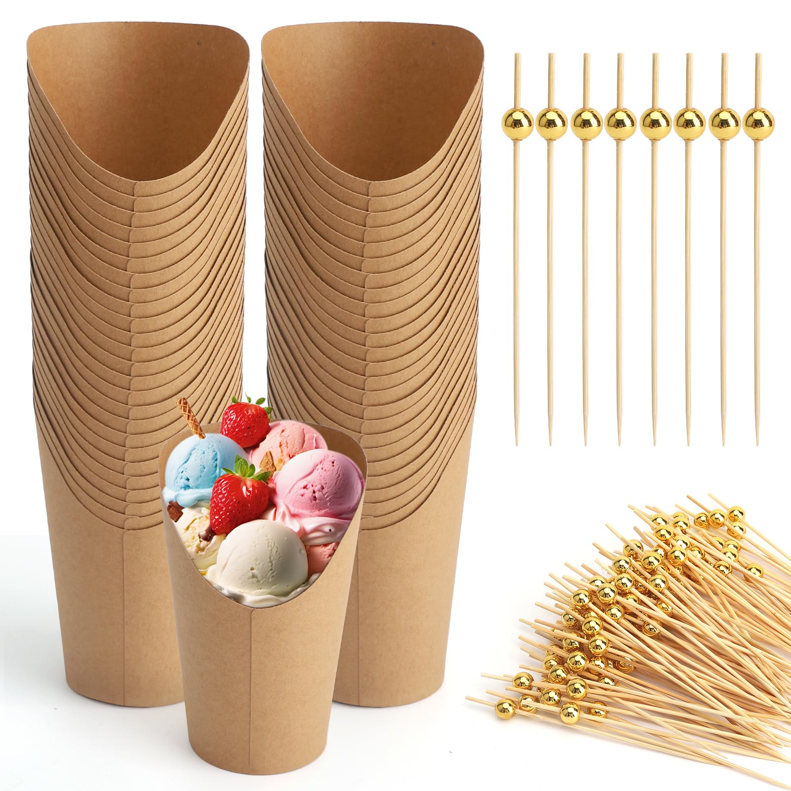 50 Kraft Paper Cups with 200 Sticks, 12 Oz Paper Pop Corn, Candy Cups, Ice Cream, Fries, Popcorn, Roasted Chicken, Snack Bags for Everyone Party