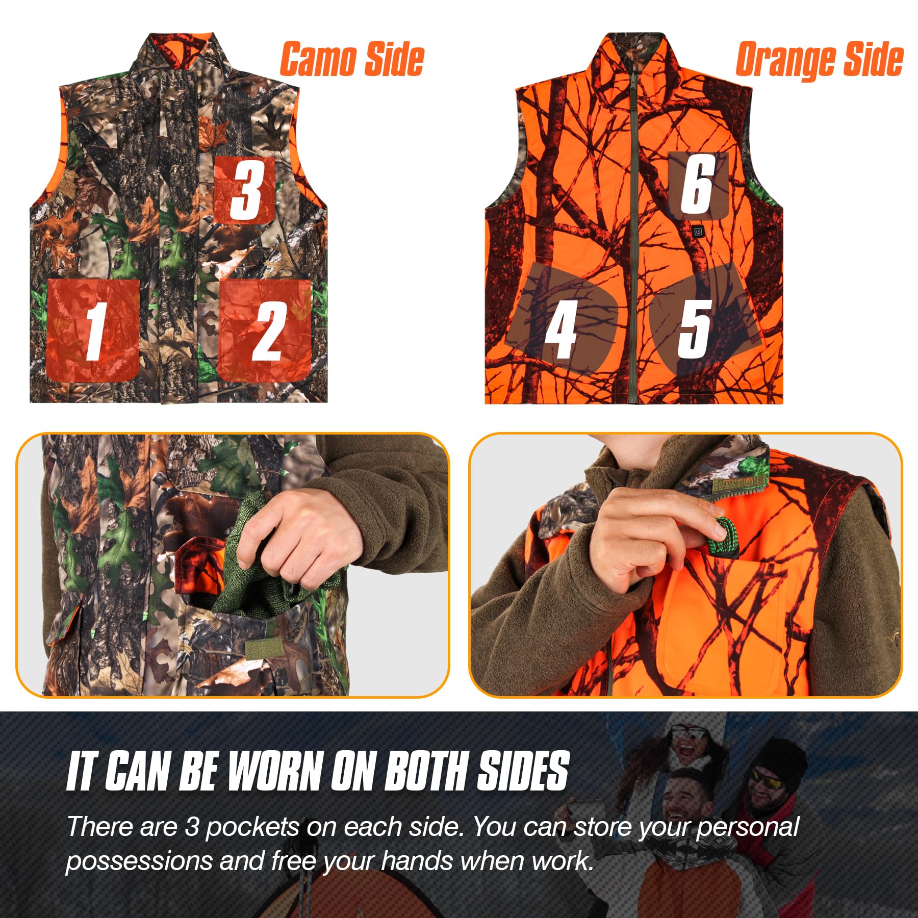 GUGULUZA Gilet riscaldato reversibile mimetico e arancione per caccia, gilet di sicurezza per giochi di riscaldamento leggero per escursionismo