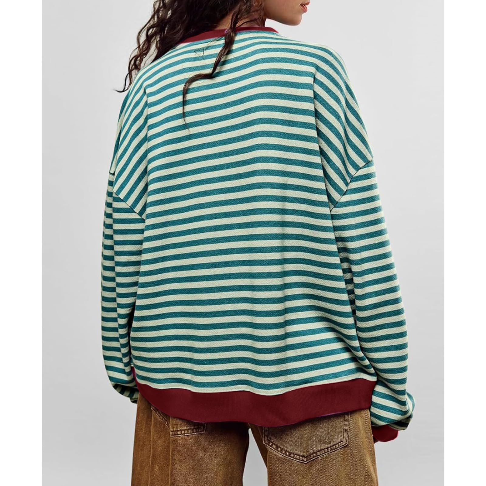 Sudadera de manga larga a rayas para mujer, casual, cuello redondo, con dobladillo de contraste en los puños — view 4