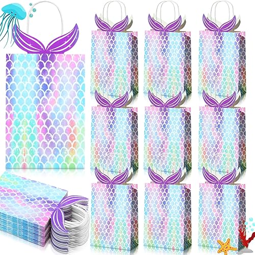 Chinco Bolsas de regalo de sirena, bolsas de regalos de fiesta, bolsas de dulces con asa, suministros de fiesta de sirena para niñas, cumpleaños,