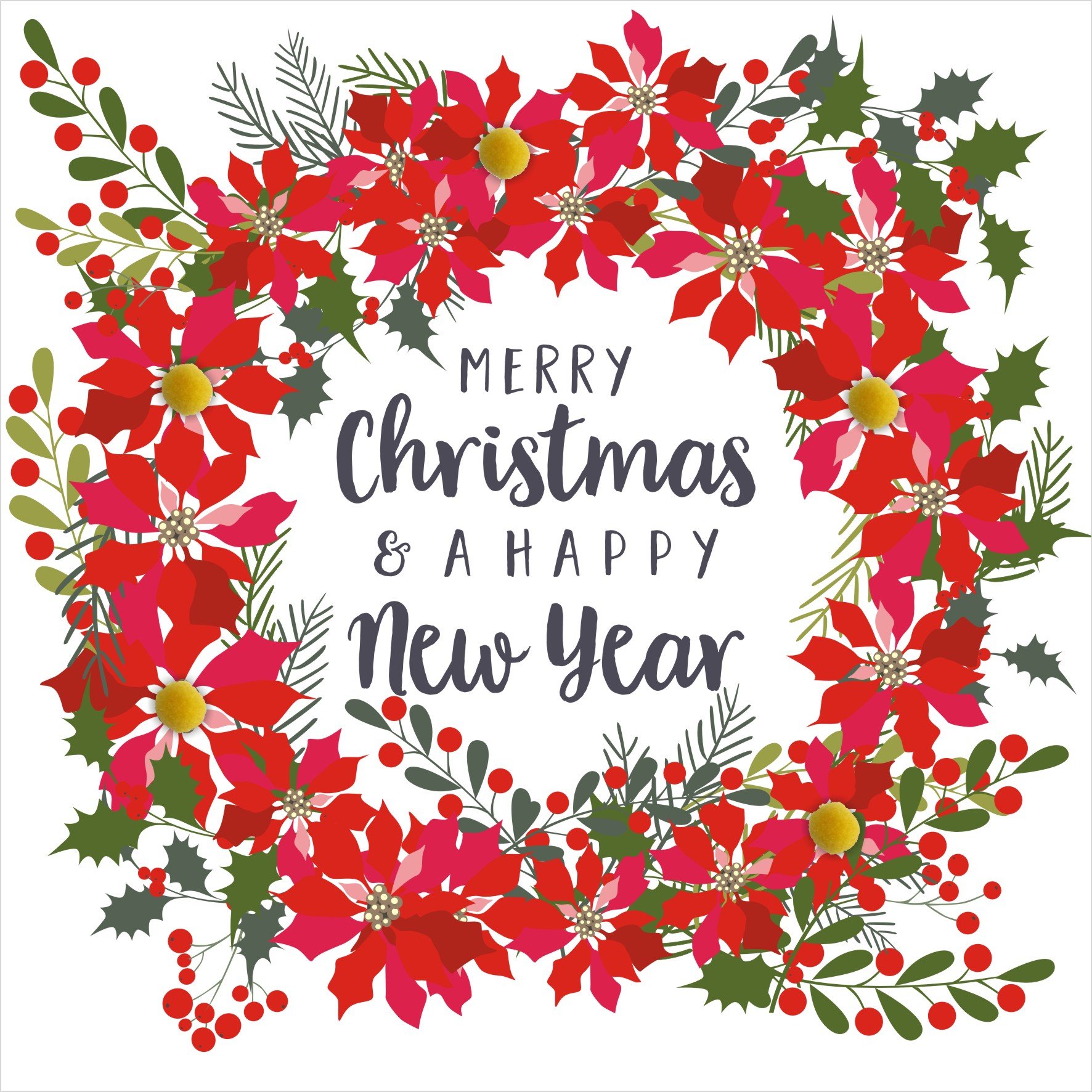 Claire Giles Greeting Cards, Happy Christmas Card, Poinsettia wreath design xmas Greeting Card, Embellished with Colourful Pompoms