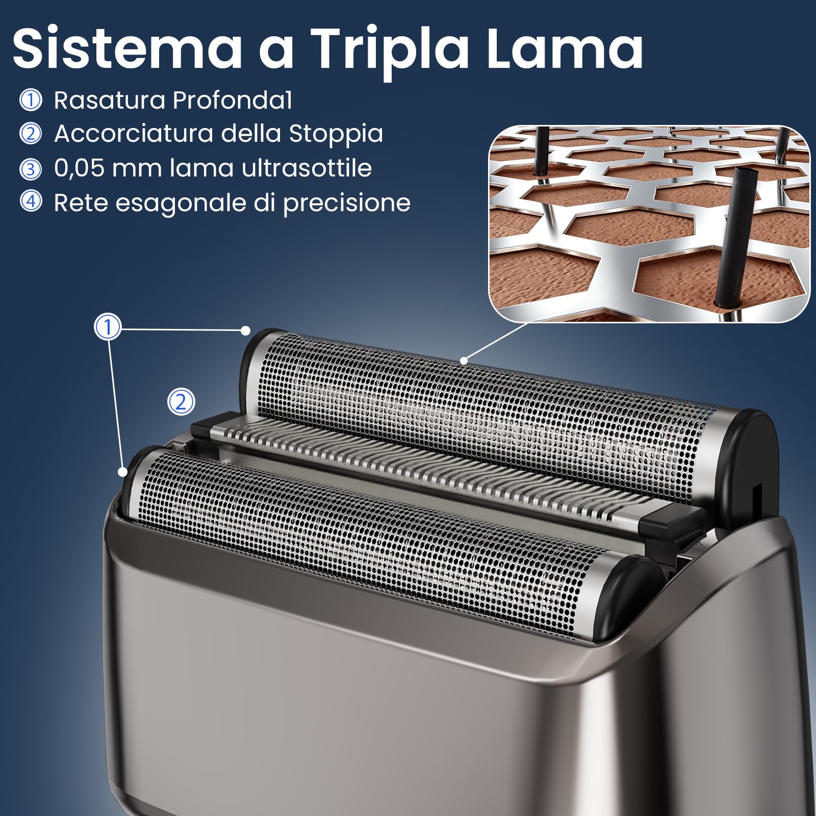 MAXGROOM Rasoio Elettrico Barba, rasoio elettrico a pelle a 3 testine flottanti, Shaver barba IPX7 testina rimovibile, 70 minuti di autonomia, 132 g leggero e portatile, USB-C e LED