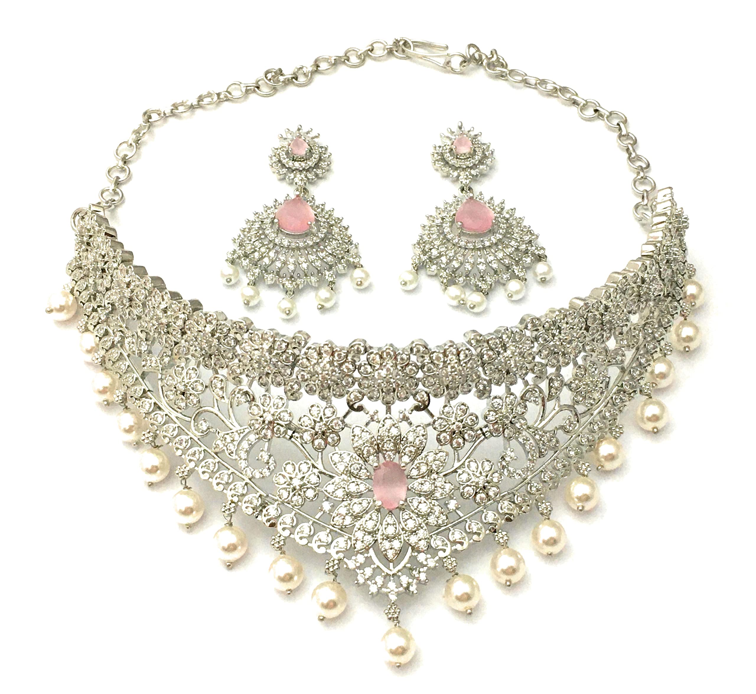 Sasitrends Rhodium Silver Plated White Toned AD American Diamond Studded Necklace Jewellery Set with Earrings for Women and Girls (B0C3186J7N) Amazon Price History, Amazon Price Tracker