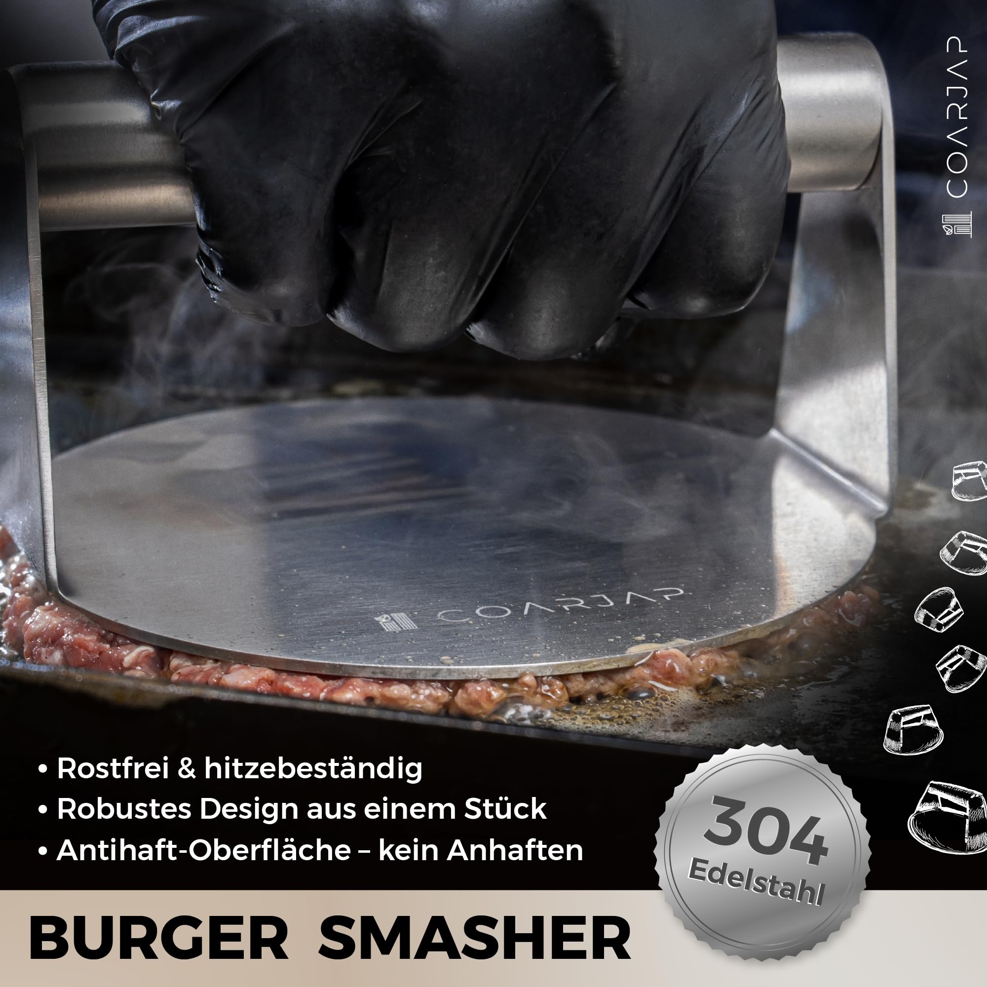 Smash Burger Set – Inklusive 1 Smash Burgerpresse, 1 Grillspachtel, 2 Burgerglocke und 1 Gewürzstreuer – EU-Zertifiziert für Lebensmittelkontakt