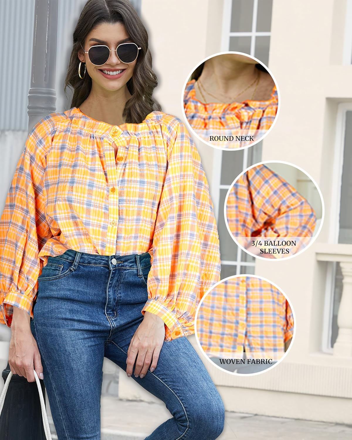 Women's 3/4 Length Sleeve Button Down Blouse, One Size, Plaid Design, Casual Summer Top, Relaxed fit - Image 4