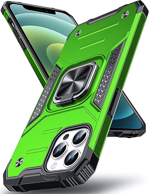 DASFOND Designed for iPhone 12/iPhone 12 Pro Case, Military Grade Shockproof Protective Phone Case Cover with Enhanced Metal Ring Kickstand [Support Magnet Mount], Grass Green