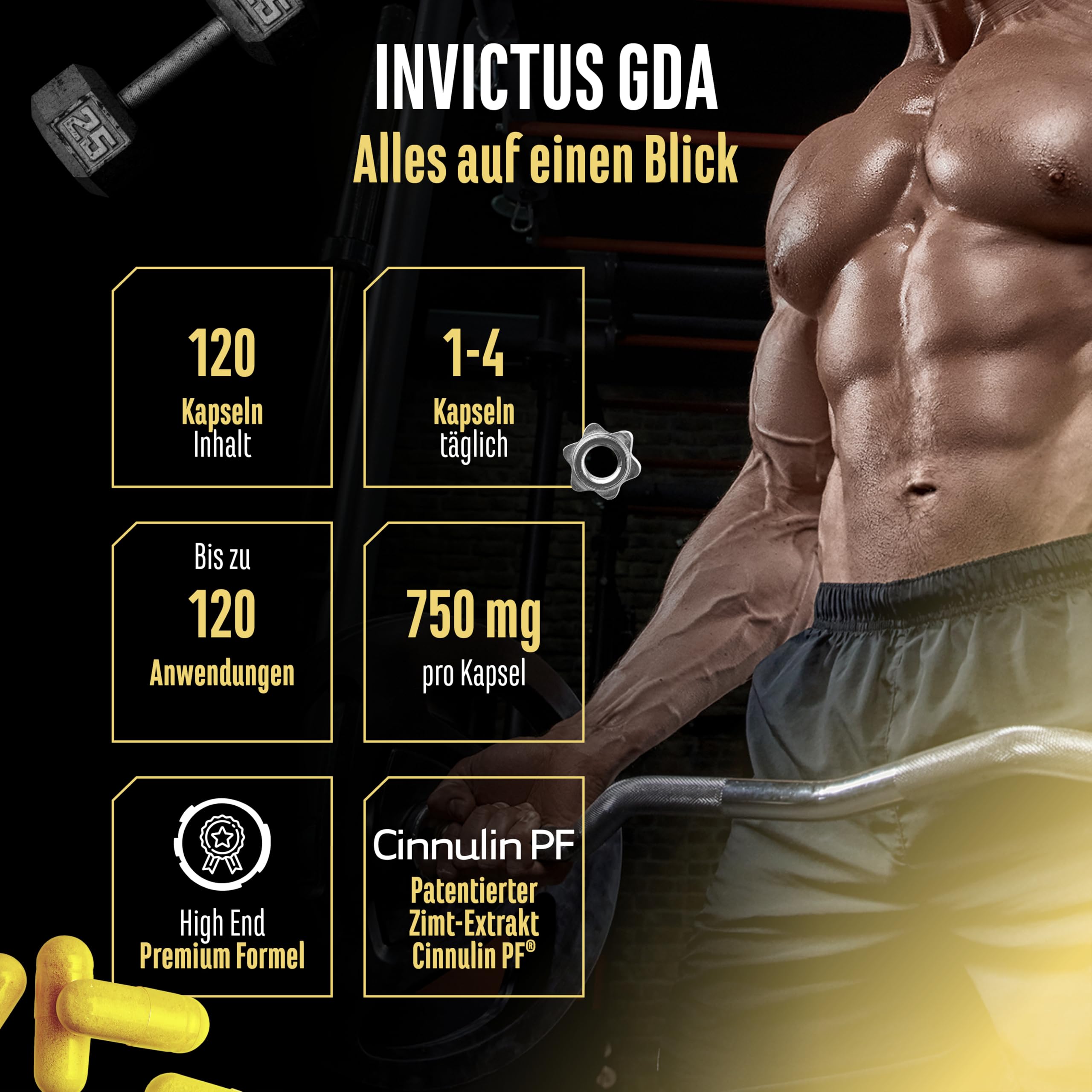 GEN GERMAN ELITE NUTRITION Invictus G.D.A - 120 Kapseln | Berberin-Komplex mit Markenrohstoff Cinnulin PF® & Na-R-Alpha-Liponsäure - Glucose Disposal Agent (GDA) - Laborgeprüft