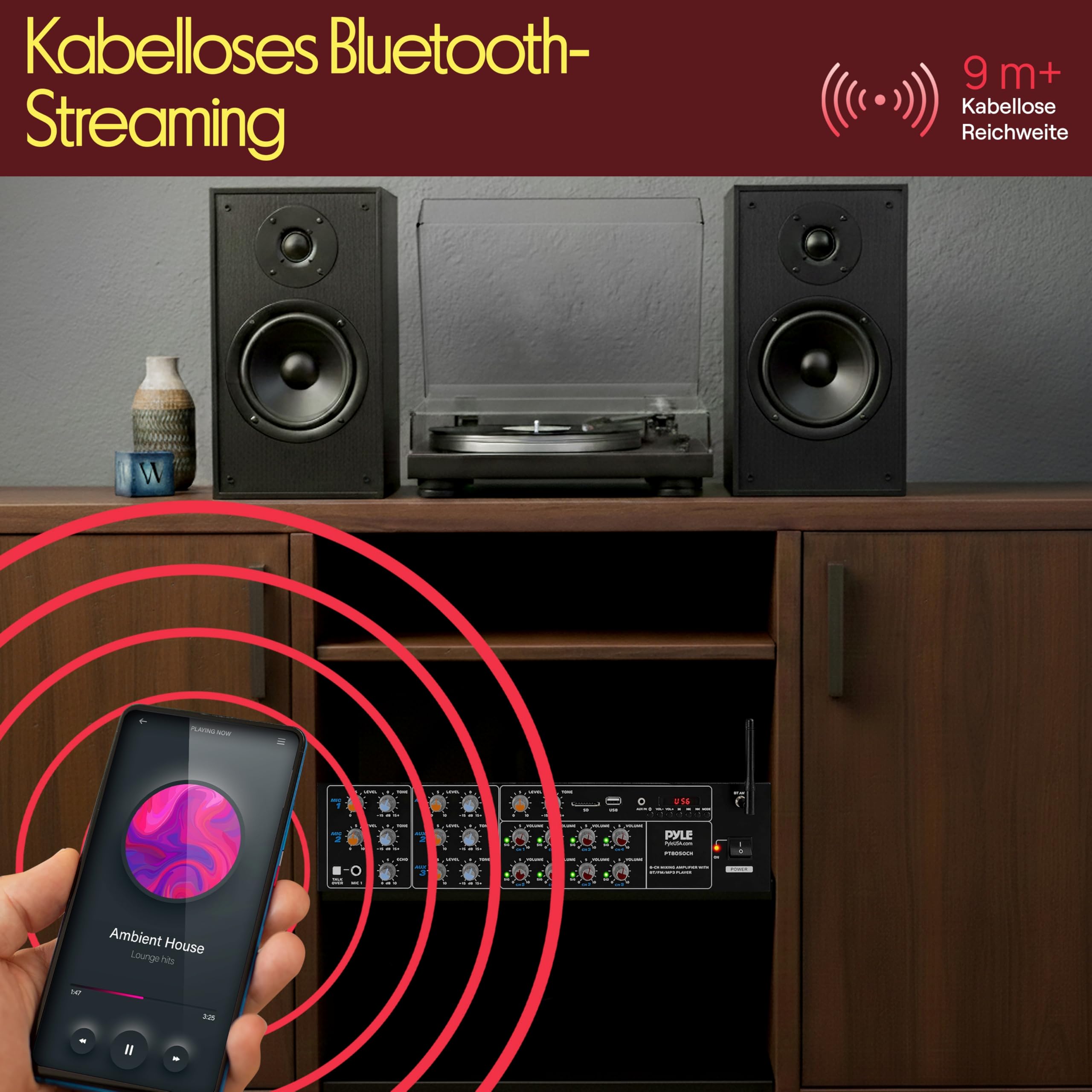 Pyle Mischverstärker, 8-Kanal Bluetooth HiFi Verstärker/Endstufe 4000W mit Mikrofon mit Talkover, RCA, USB, AUX für Lautsprecher, Karaoke, Party & Konferenz
