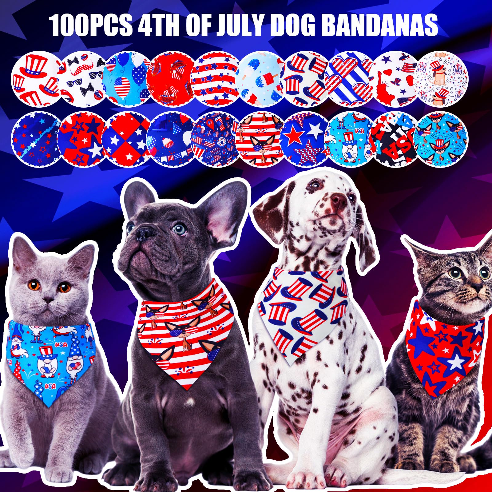 Lot de 100 bandanas réglables pour chien du 4 juillet pour le jour de l'indépendance pour chien de petite et moyenne taille