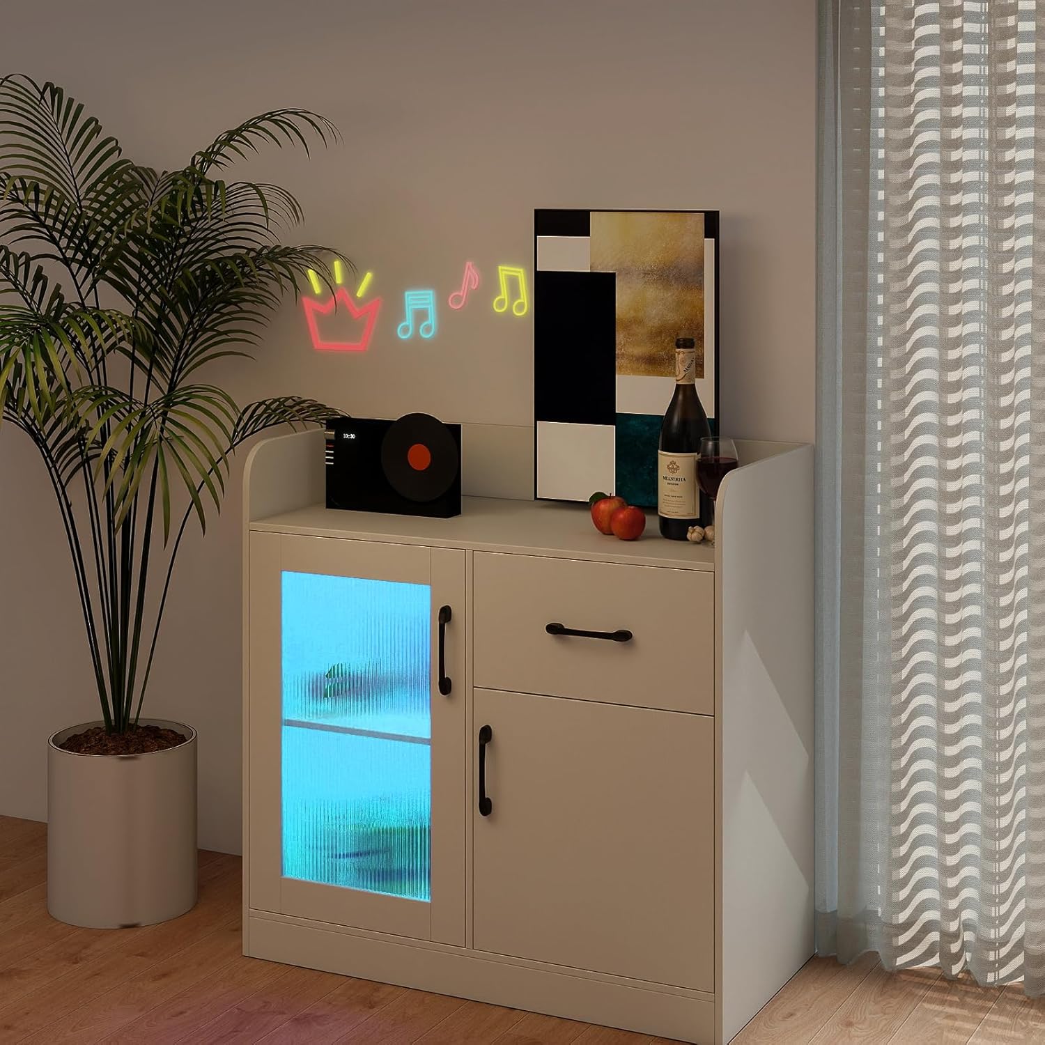 LOKO LED Buffet Sideboard with Charging Station, Modern Kitchen Storage Cabinet with Translucent Fluted Door, Coffee Bar Cabinet for Living Room, Dining Room, White