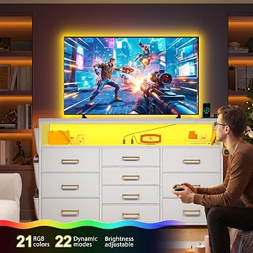 EnHomee Dresser with 10 Drawers, LED TV Stand for 55 TV with Power Outlets | Chest of Drawers with Side Pockets and Shelves, Metal Frame and Sturdy Wood for Bedroom, Hallway, White