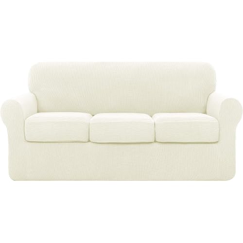 4 Piece Sofa Cover High Stretch Couch Slipcover for 3 Cushion Soft Sofa Slipcover Jacquard Fabric Furniture Covers with Elastic Bottom Machine Washable(White,Large)