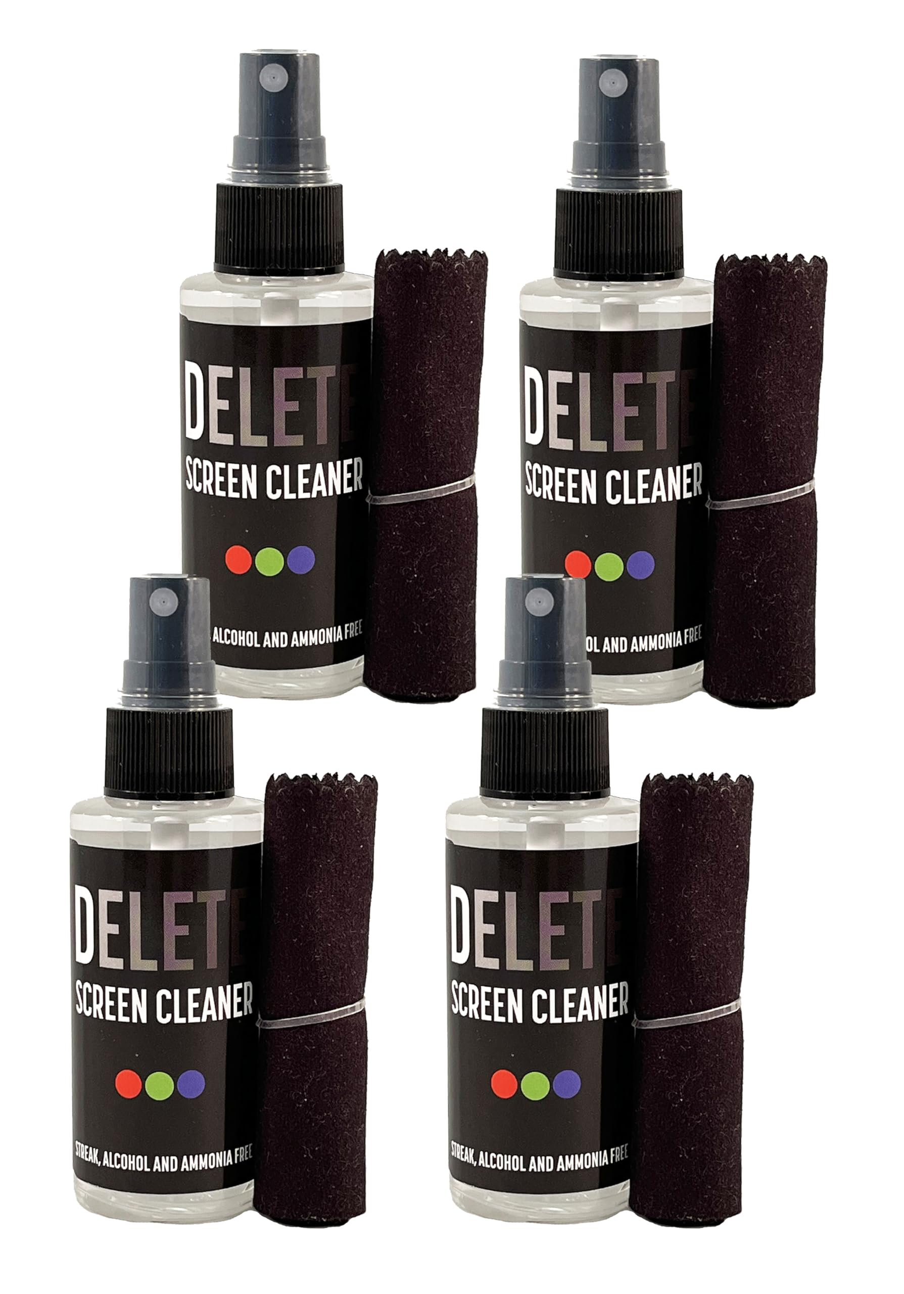 Delete Screen Cleaner for Small Screens (4-Pack) - 2oz Bottles with Microfiber Cloth | Great for Travel | Use on Small TVs, Laptops, Phones, Cameras, or Auto Screens | Streak Free, Safe, and Odorless