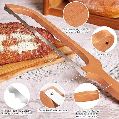Miniatura 3 de ROSROSE Cuchillo de lazo de pan de madera, cortador de masa madre dentada de 15.7 pulgadas para bagels caseros, cuchillo de pan de masa madre con