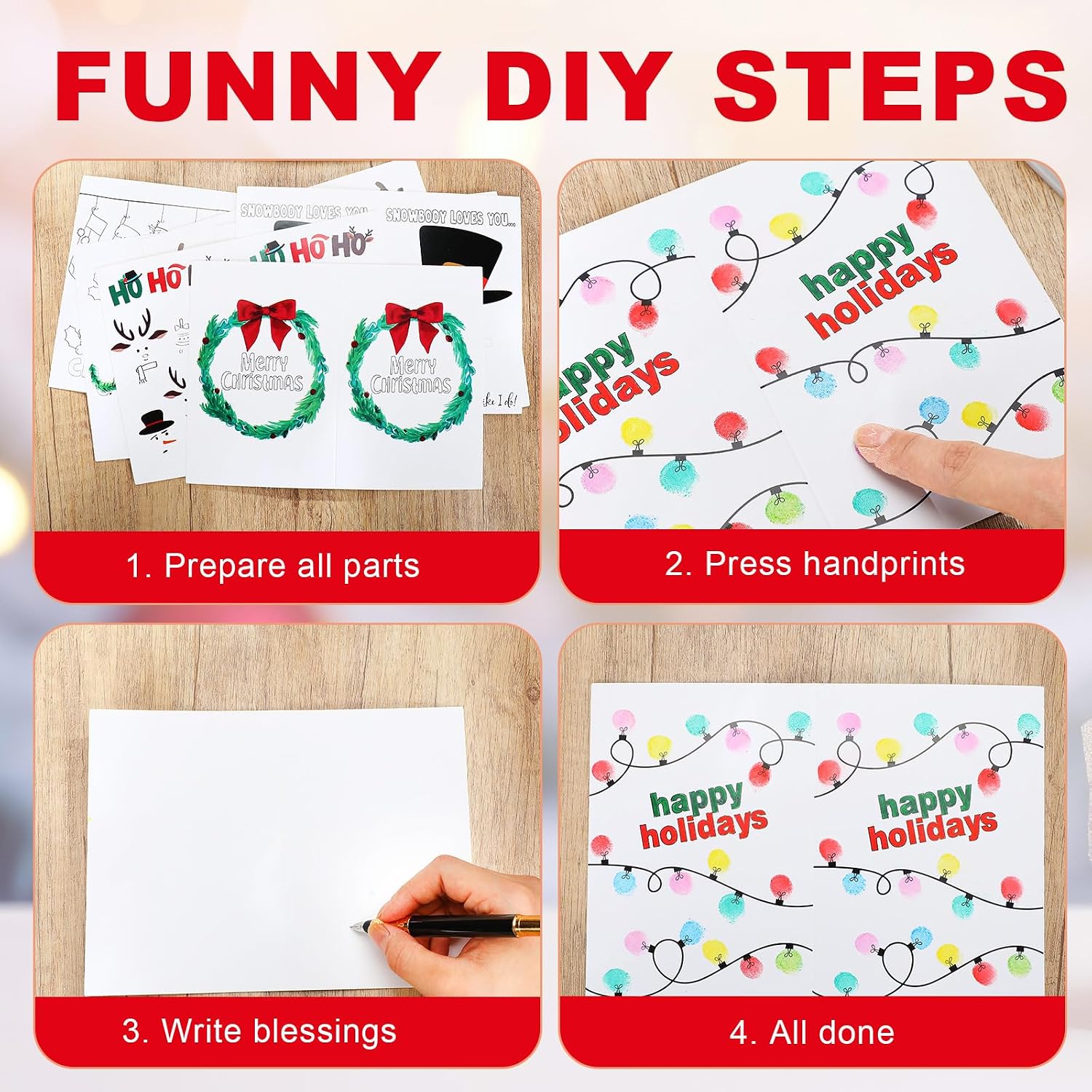 Motipuns 48 Sets Christmas Cards Making Crafts Kits 4 x 6 Inch DIY Thumbprint Christmas Crafts with Ink Pad Fingerprint Make Your Own Folded Greeting Card Making Kit for Xmas Gifts Fun Home Activity