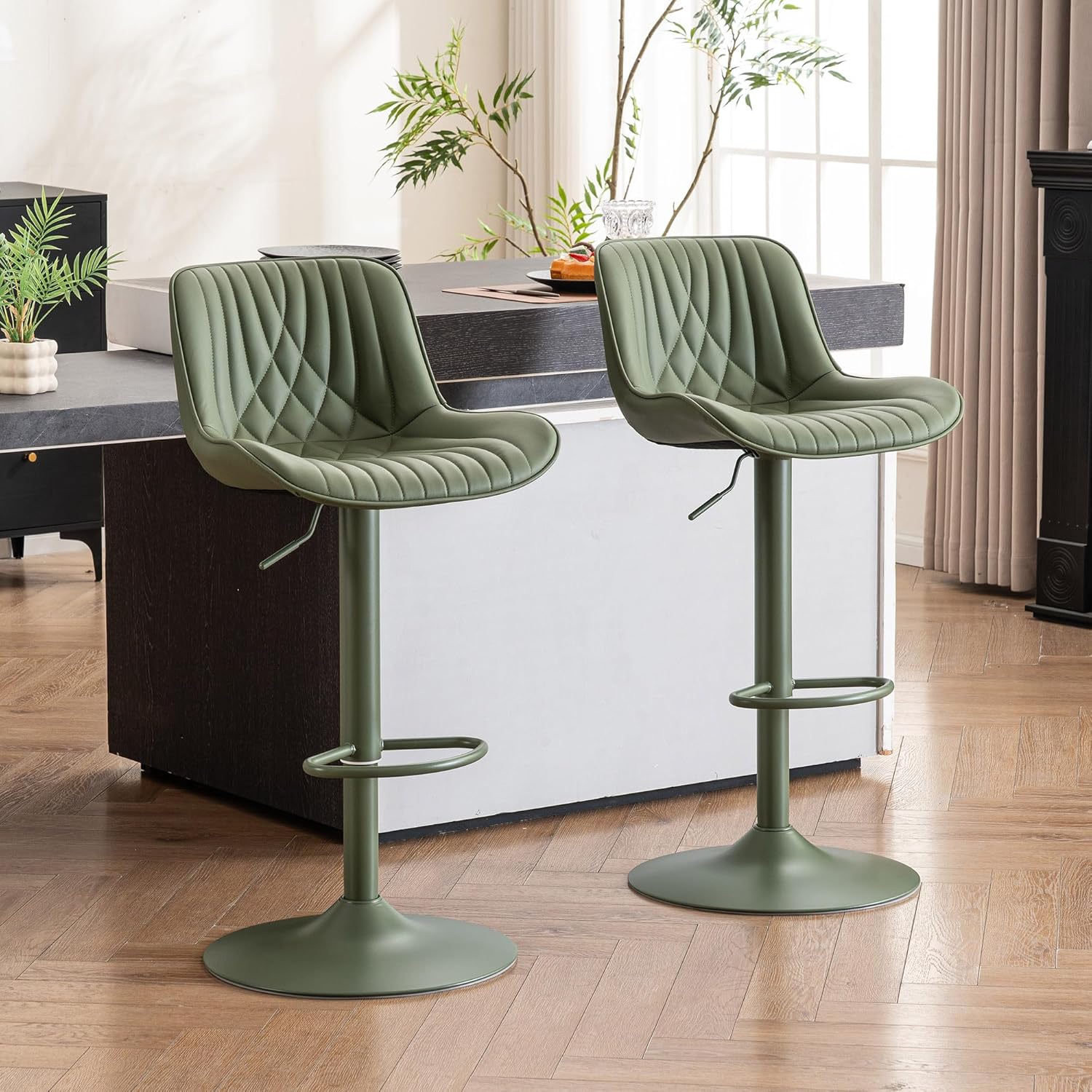 YOUTASTE Bar Stools Set of 2, Adjustable Swivel Counter Height Barstools with Back, All Olive Green Faux Leather Upholstered Bar Chairs with Metal Base, Stools for Kitchen Island or Home Bar
