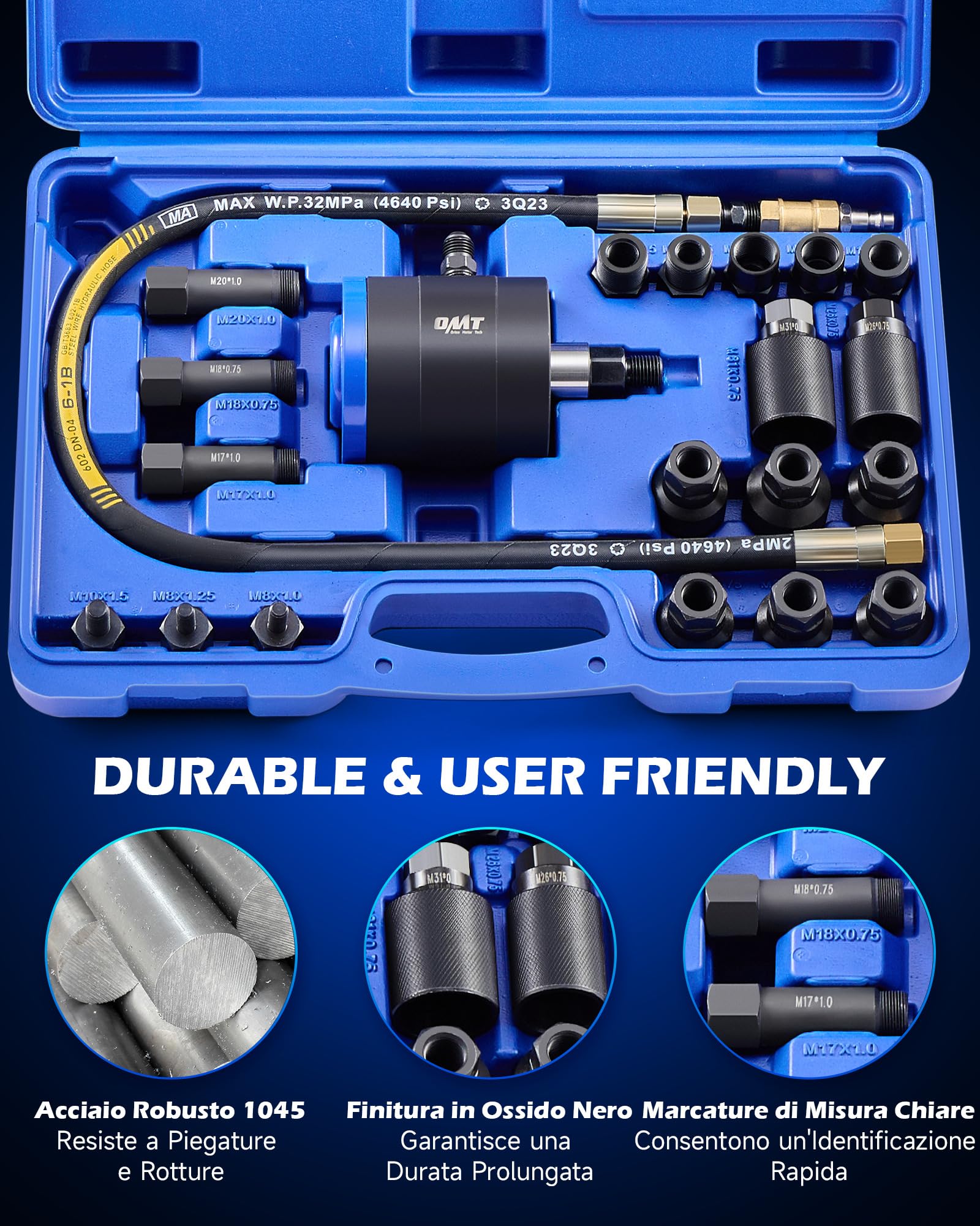 Orion Motor Tech 24 Pezzi Estrattore Pneumatico per Iniettori Diesel per Rimuovere Iniettori a Vibrazione d'Aria da 5-8 Bar con Martello Estrattore, 19 Adattatori, Tubo di Prolunga e EU US Connettori