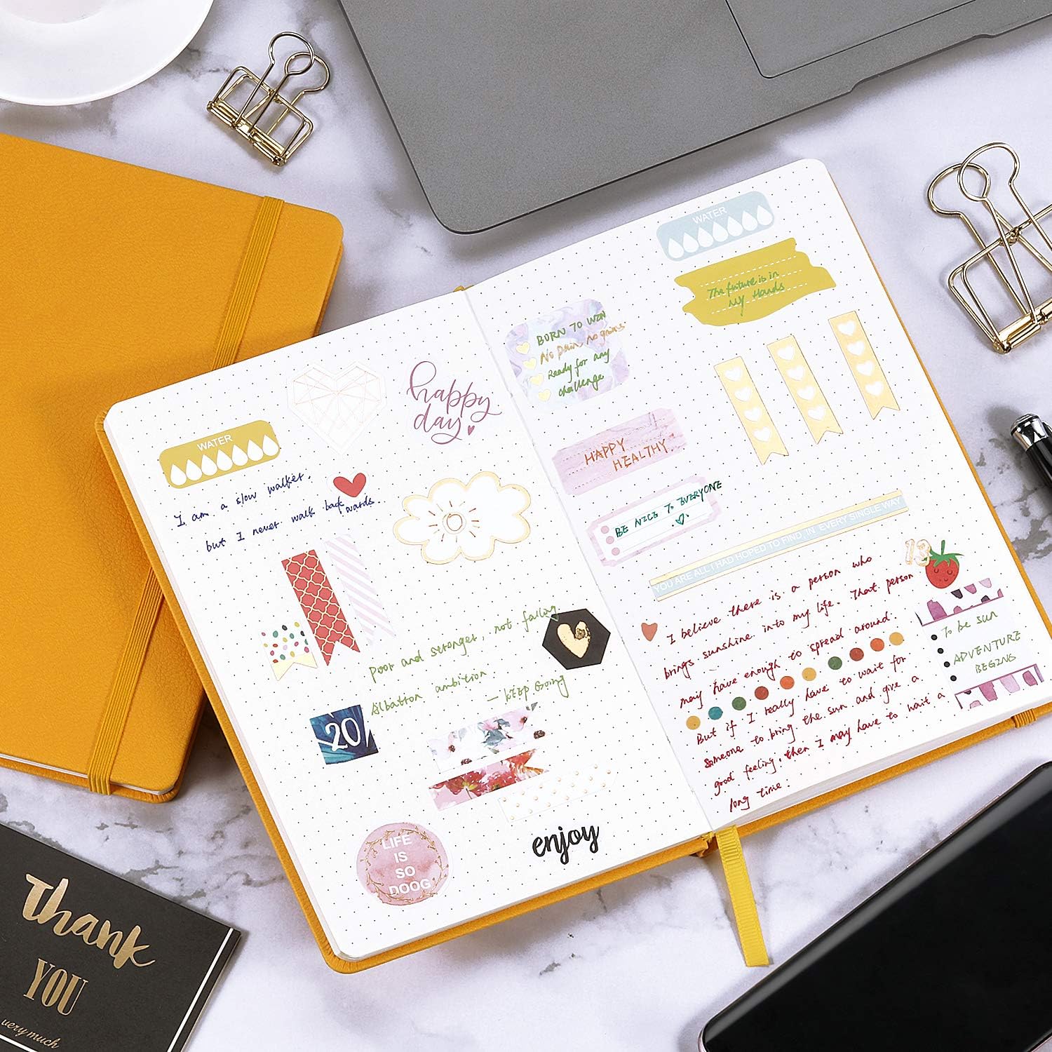 URSUNSHINE Dotted Grid Notebook/Journal - Dot Grid Hard Cover Notebook, Premium Thick Paper with Fine Inner Pocket, Yellow Smooth Faux Leather, 5''×8.25''