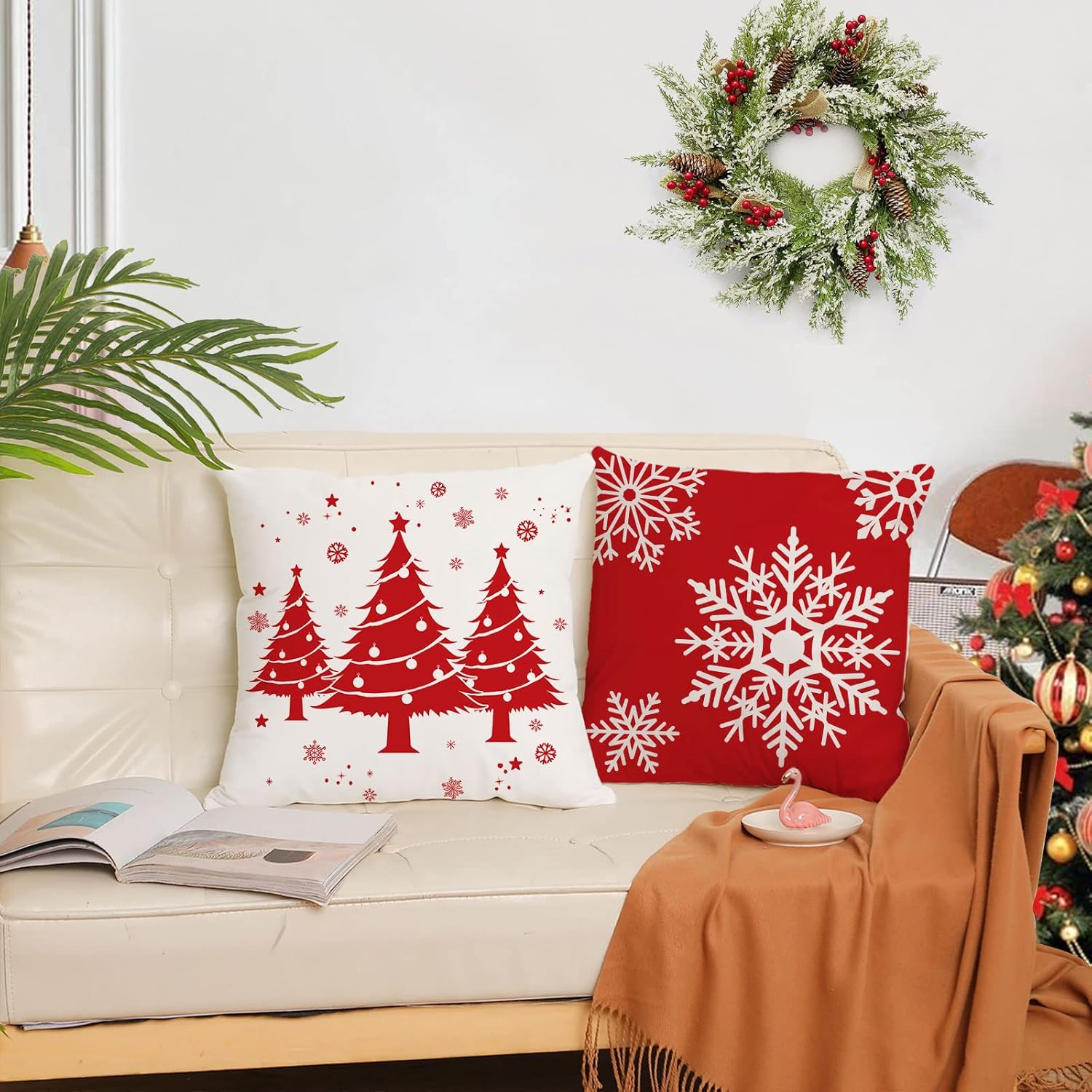 YeeJu Set of 4 Merry Christmas Decorative Throw Pillow Covers Christmas Holiday Xmas Velvet Pillow Cases Red Trees Snowflakes Cushion Covers Outdoor Sofa and Home Decor Pillow Protectors 20x20 Inch