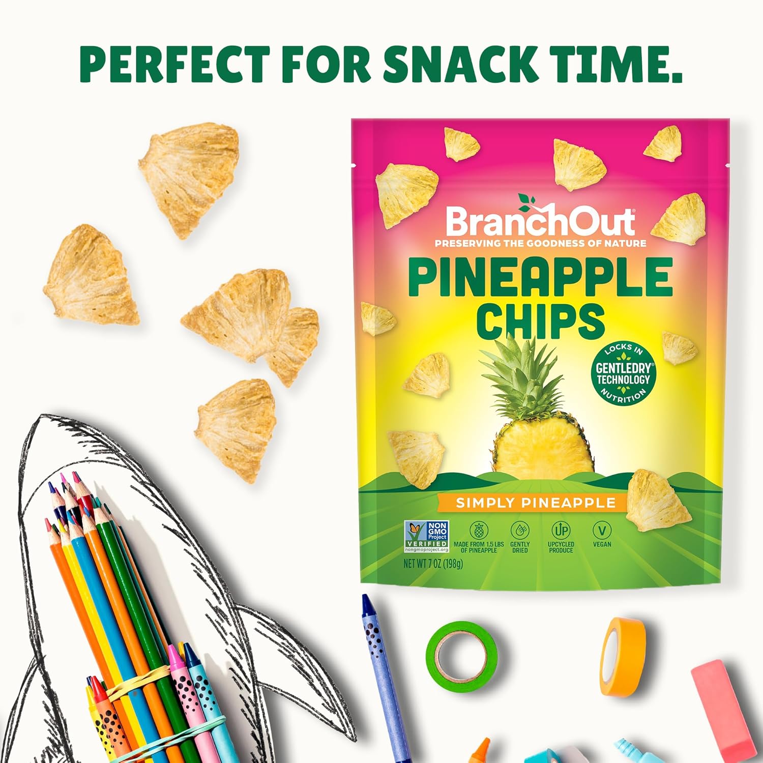 BranchOut Pineapple Chips, No Sugar Added, Real Dried Pineapple Chunks, GentleDry, Better than Freeze Dried Pineapple, Healthy Vegan Snacks for Kids & Adults, 7 oz