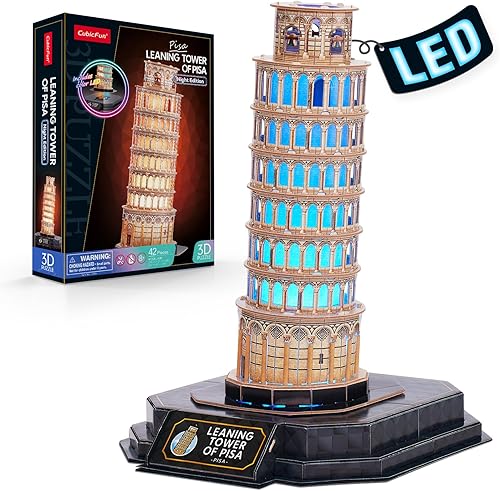 CubicFun Rompecabezas 3D LED Torre inclinada de Pisa con luces de colores, rompecabezas 3D para adultos, kits de modelos, manualidades de